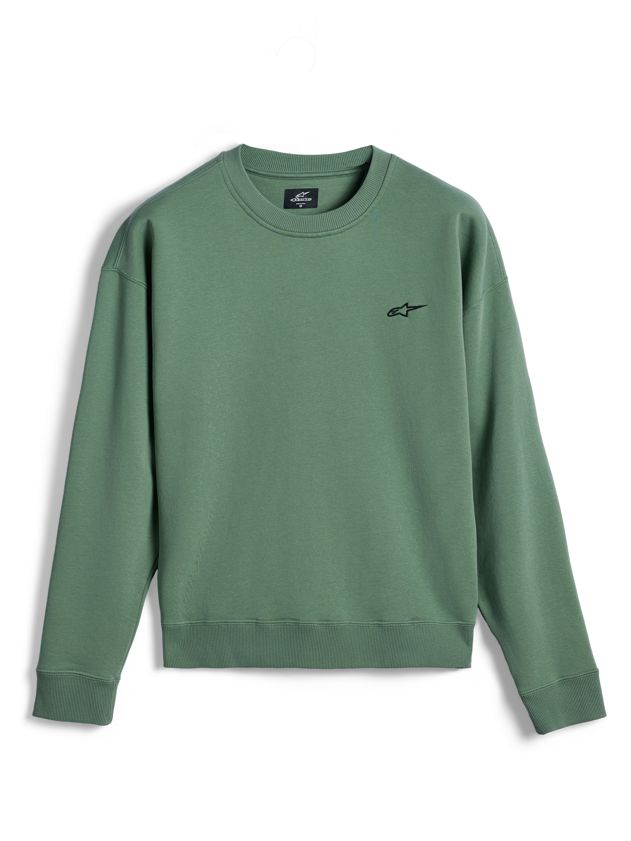 Alpinestars Essentials Ageless Crew, Crewneck-Sweatshirt, Kaktusgrün, kleines schwarzes Astar-Logo auf der Brust, gerippter Kragen, Bündchen und Saum, hochwertiges Fleece, lässige Sportbekleidung für abseits des Bikes