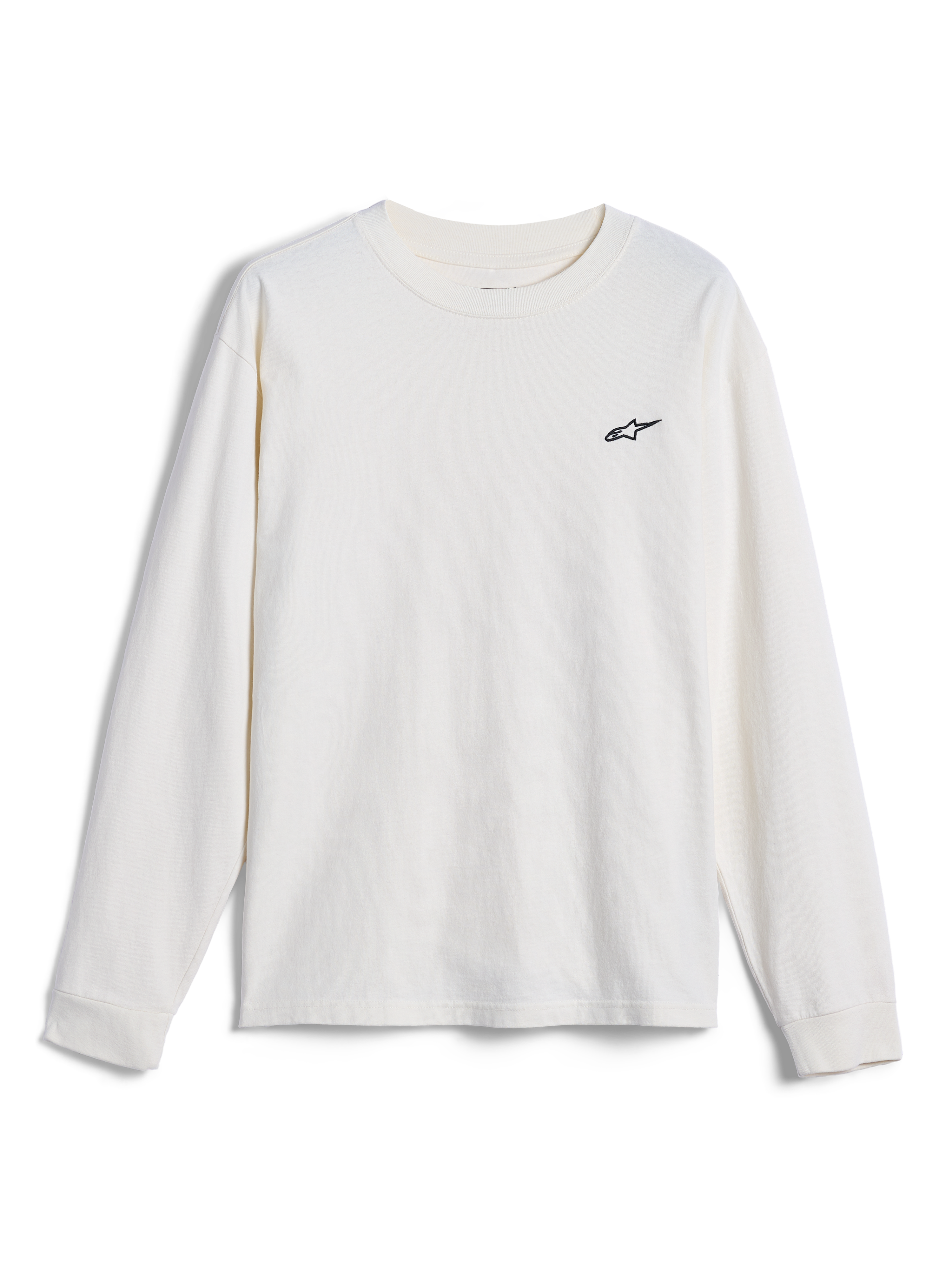 Alpinestars Essentials Ageless LS Tee, Long Sleeve T-Shirt, Off White, featuring a small black Alpinestars logo on the chest, casual motorsport-inspired streetwear