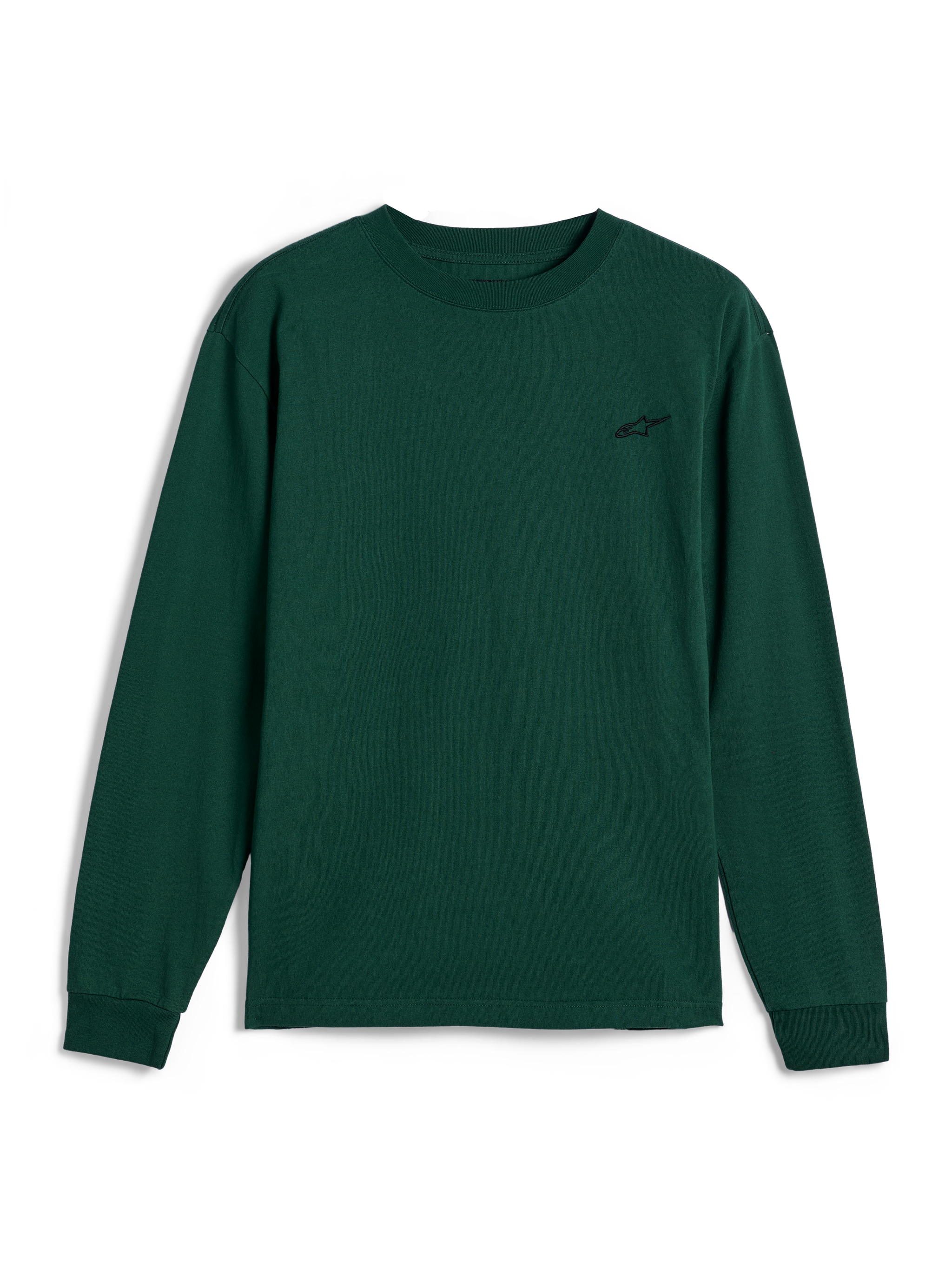 Alpinestars Essentials Ageless LS Tee, Langarm-T-Shirt, Pine Green, kleines schwarzes gesticktes Logo auf der linken Brust, lässige Motorsport-Streetwear