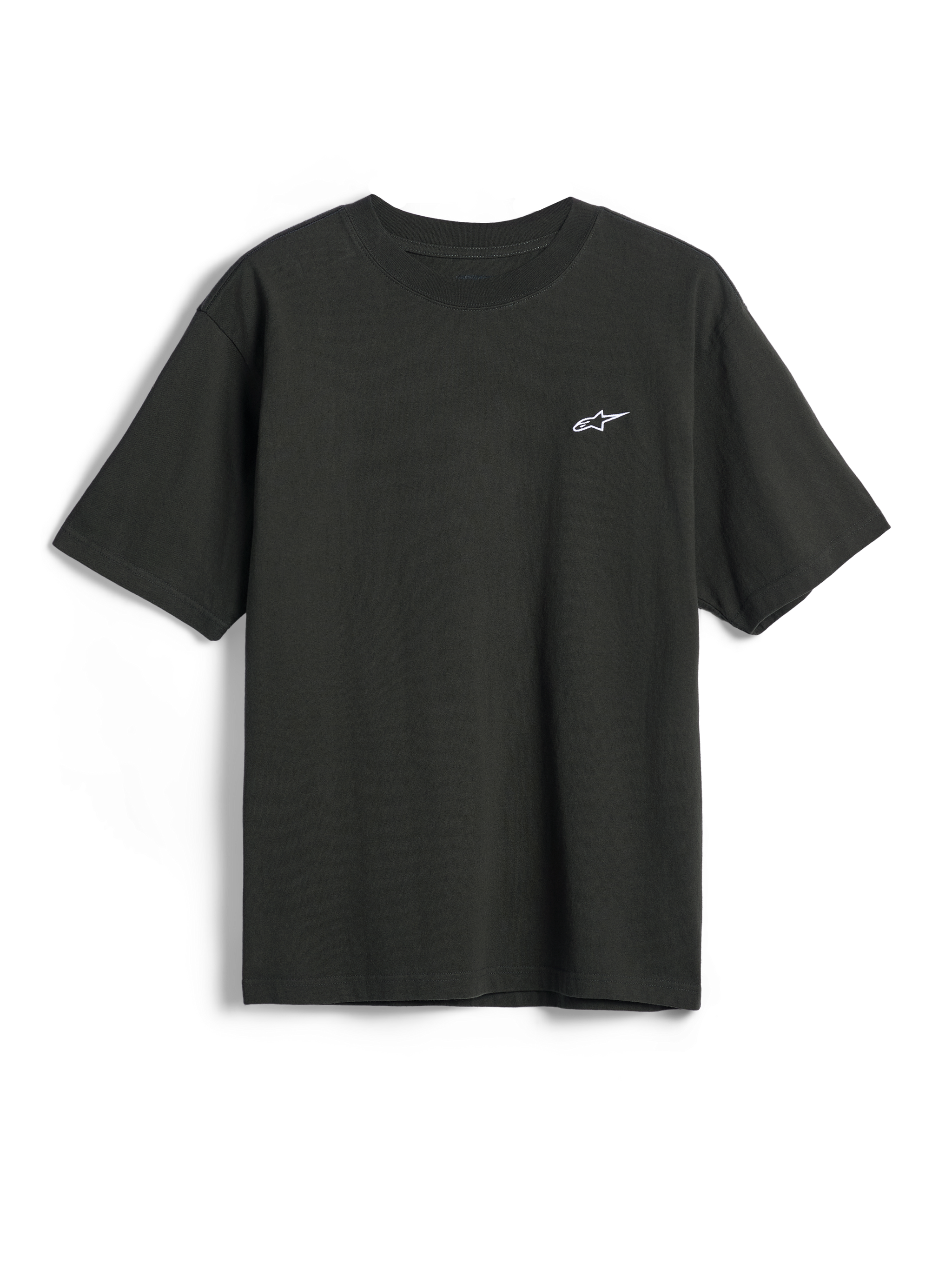 Alpinestars Essentials Ageless SS Tee, Short Sleeve T-Shirt, Off Black, Small white Alpinestars star logo on the chest, Casual Motorsport Streetwear