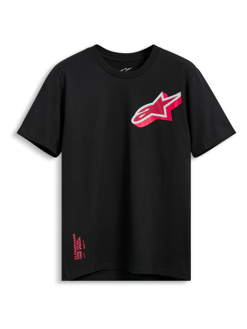 Alpinestars Shaded CSF Tee, Kurzarm-T-Shirt, Schwarz, schräges pink-weißes Astars-Logo mit Farbverlauf, Freizeit-Motorsportbekleidung
