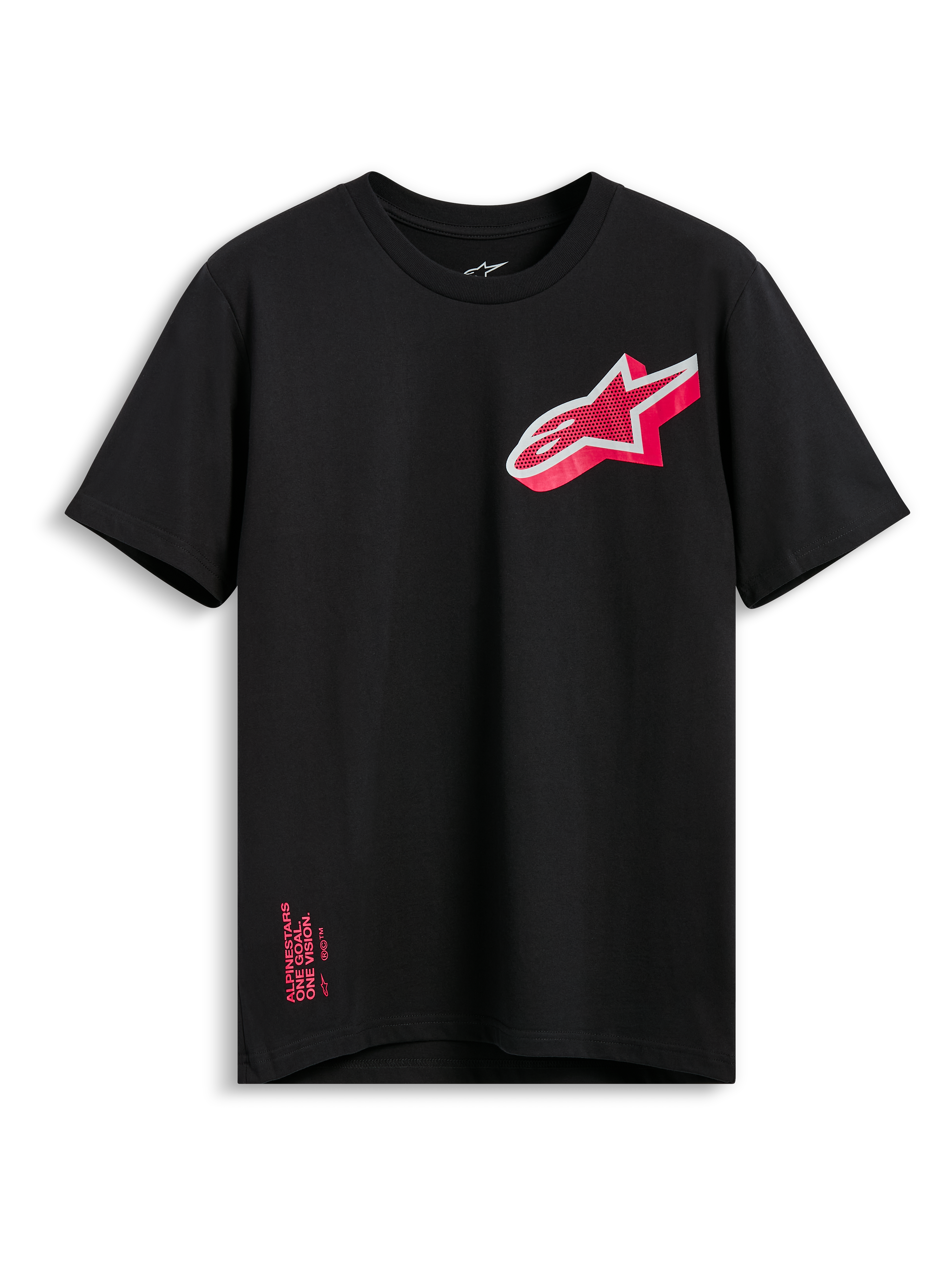 Alpinestars Shaded CSF Tee, Kurzarm-T-Shirt, Schwarz, schräges pink-weißes Astars-Logo mit Farbverlauf, Freizeit-Motorsportbekleidung