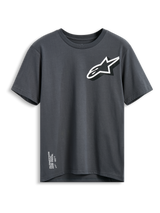 Alpinestars Shaded CSF Tee, Kurzarm-T-Shirt, Anthrazitgrau, Schräges weißes und schwarzes Astars-Logo auf der Brust, Alpinestars „One Goal One Vision“-Schriftzug am unteren Saum, Casual Motorsport Streetwear