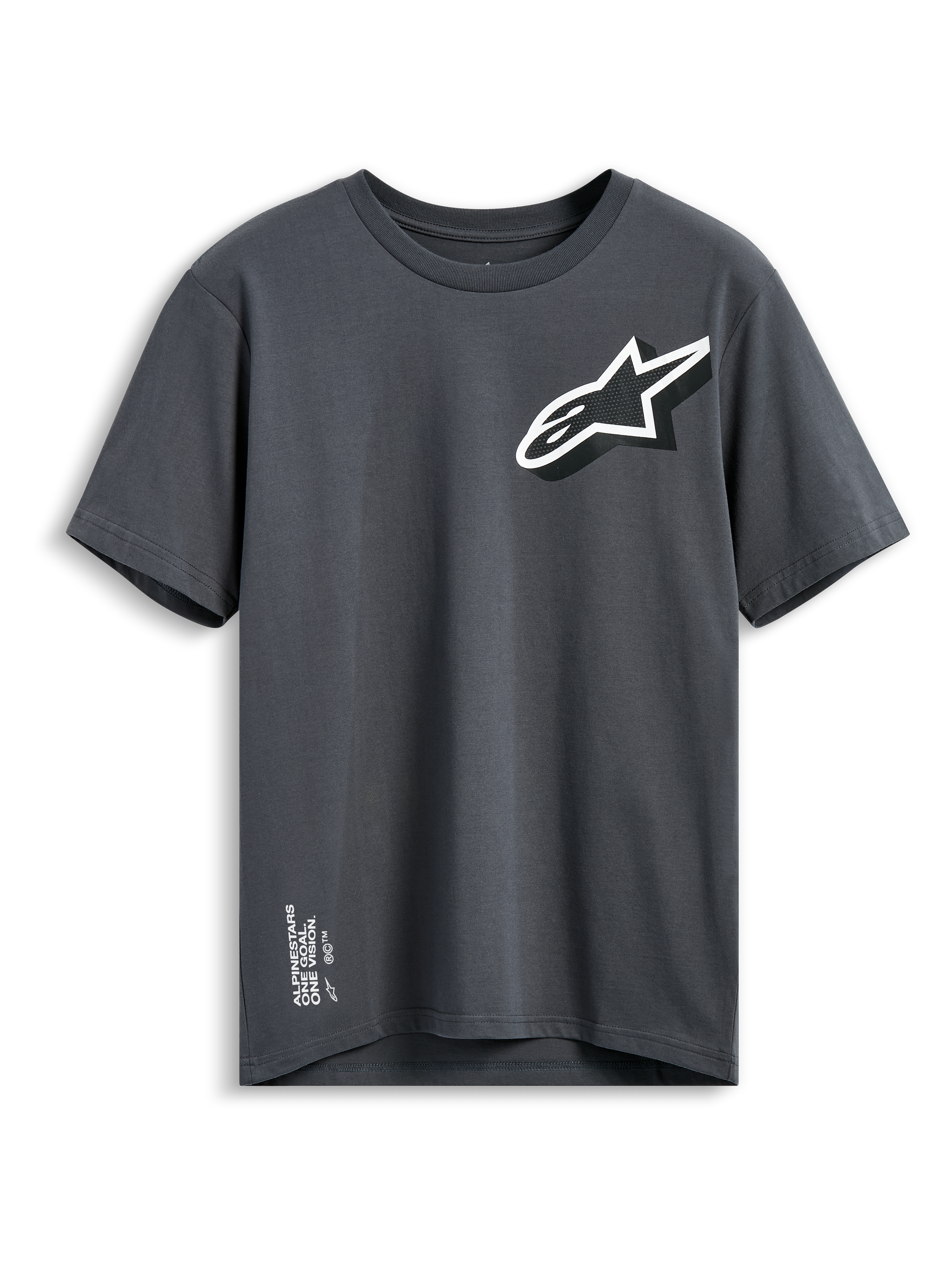 Alpinestars Shaded CSF Tee, Kurzarm-T-Shirt, Anthrazitgrau, Schräges weißes und schwarzes Astars-Logo auf der Brust, Alpinestars „One Goal One Vision“-Schriftzug am unteren Saum, Casual Motorsport Streetwear