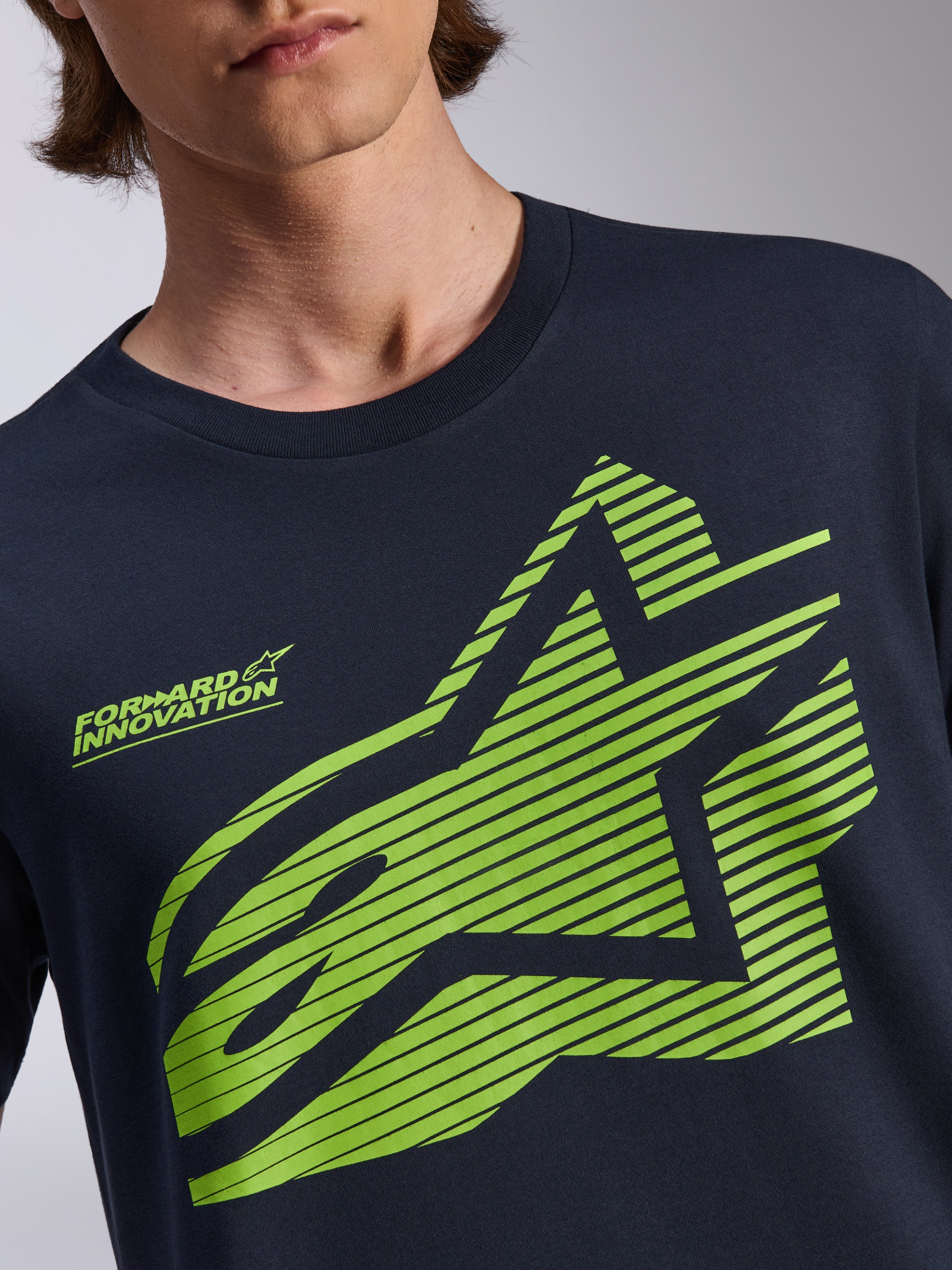 Alpinestars Fasting CSF Tee, Short Sleeve T-Shirt, Navy Blue, Lime Green Geometric Astars Logo with Horizontal Lines and 'Forward Innovation' Text, Casual Sportswear