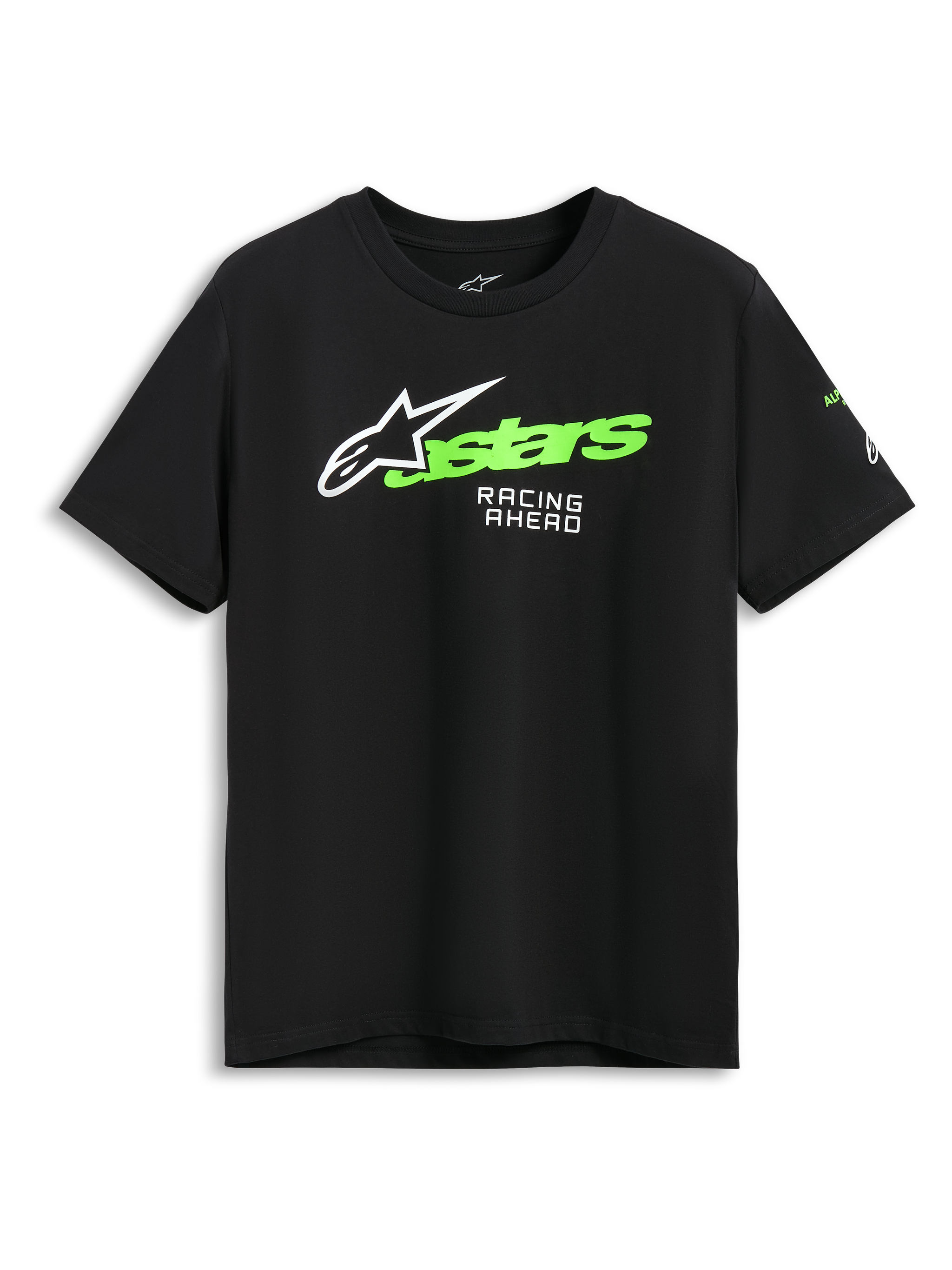 Alpinestars Entitled CSF T-Shirt, Kurzarm-T-Shirt, Schwarz, weißes Astars-Logo mit grünem Text und „Racing Ahead“-Aufdruck, lässige Motorsport-Sportbekleidung
