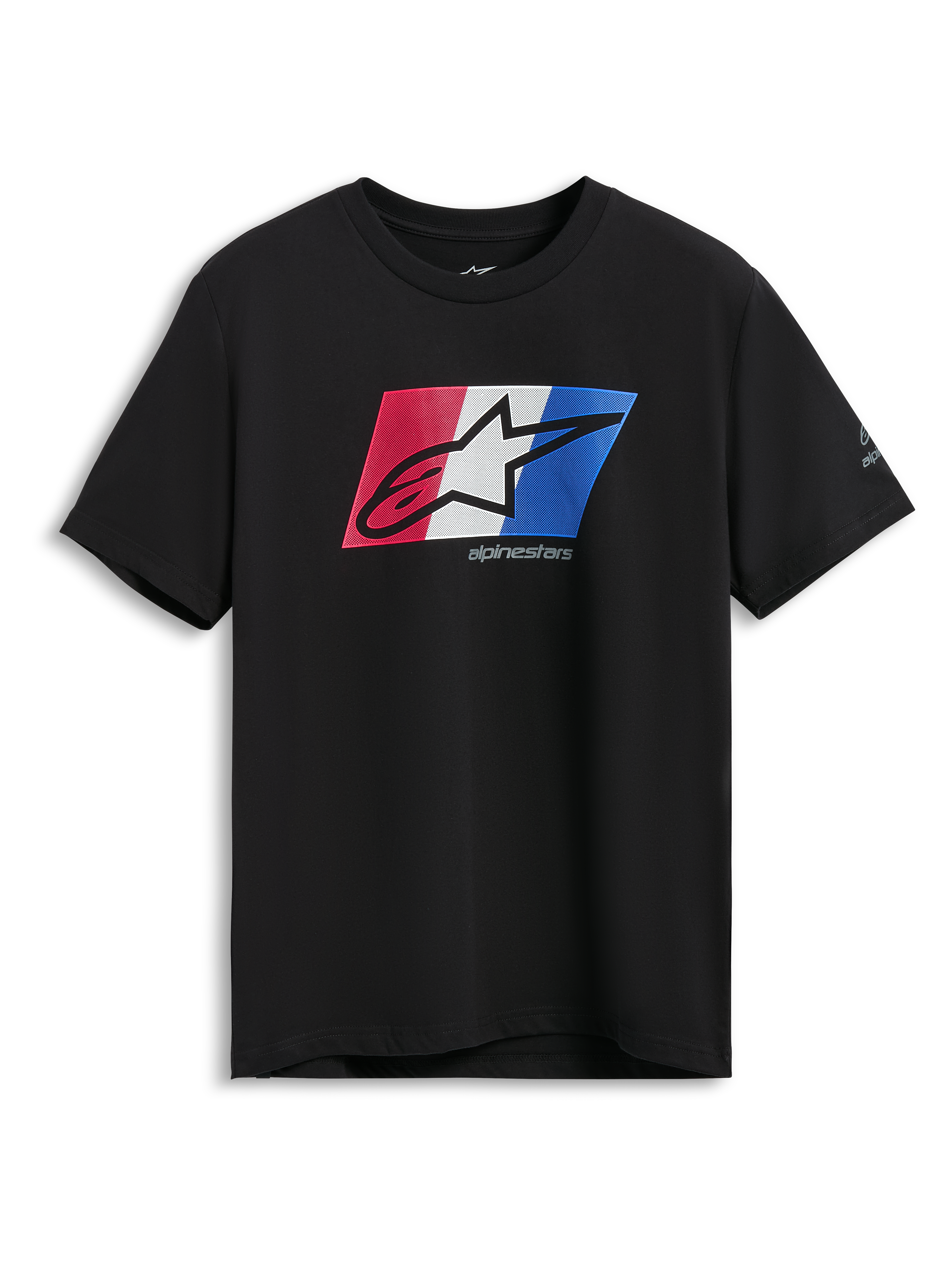 Alpinestars Global CSF T-Shirt, Kurzarm-T-Shirt, Schwarz, Ageless Schattenlogo-Grafik in Rot, Weiß und Blau, lässige Motorsport-Sportbekleidung