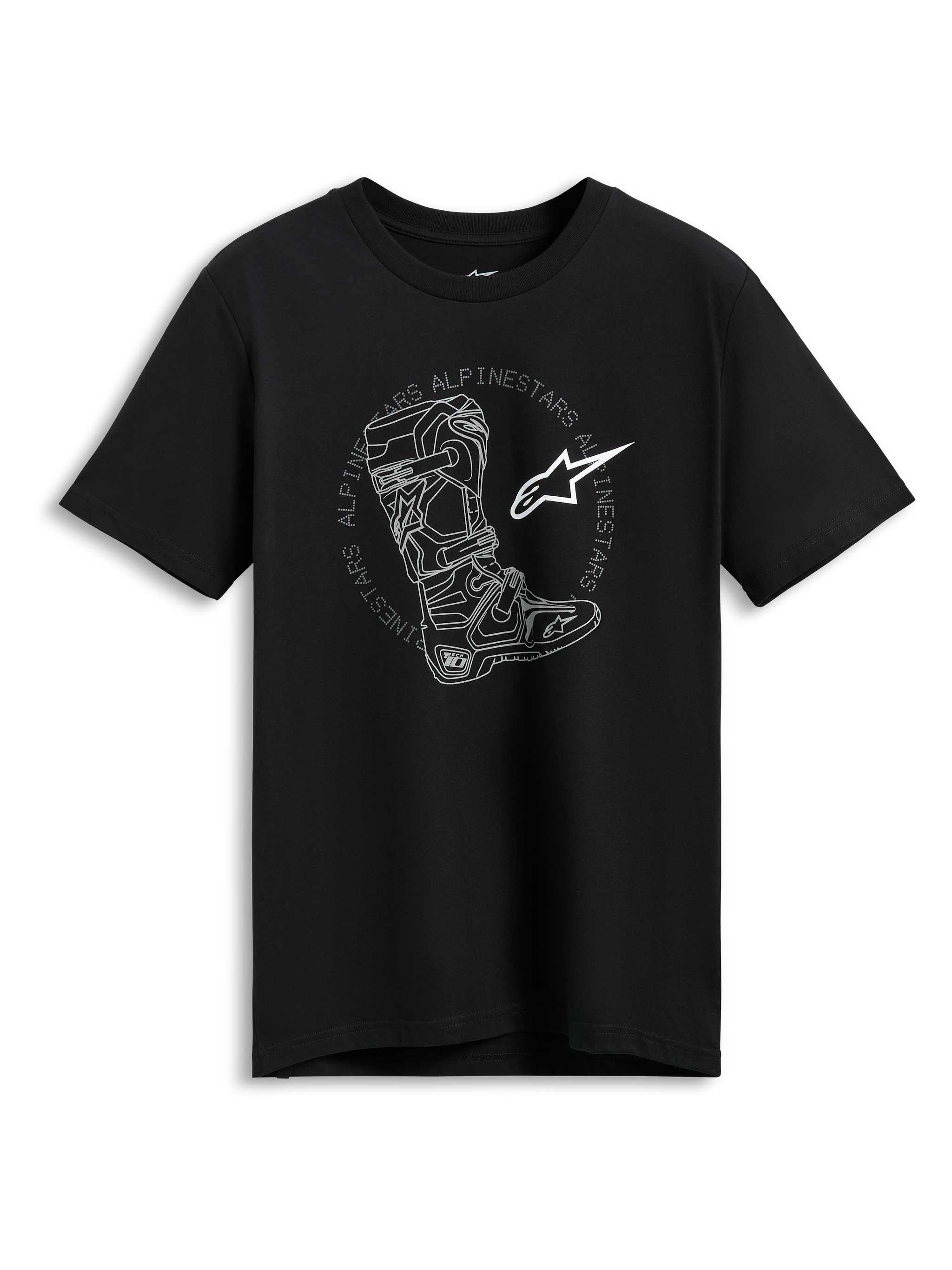 Alpinestars Tech Boot CSF T-Shirt, Kurzarm-T-Shirt, Schwarz, weiße Motocross-Stiefel-Illustration mit kreisförmigem Alpinestars-Schriftzug und Stern-Logo, lässige Motorsport-Streetwear