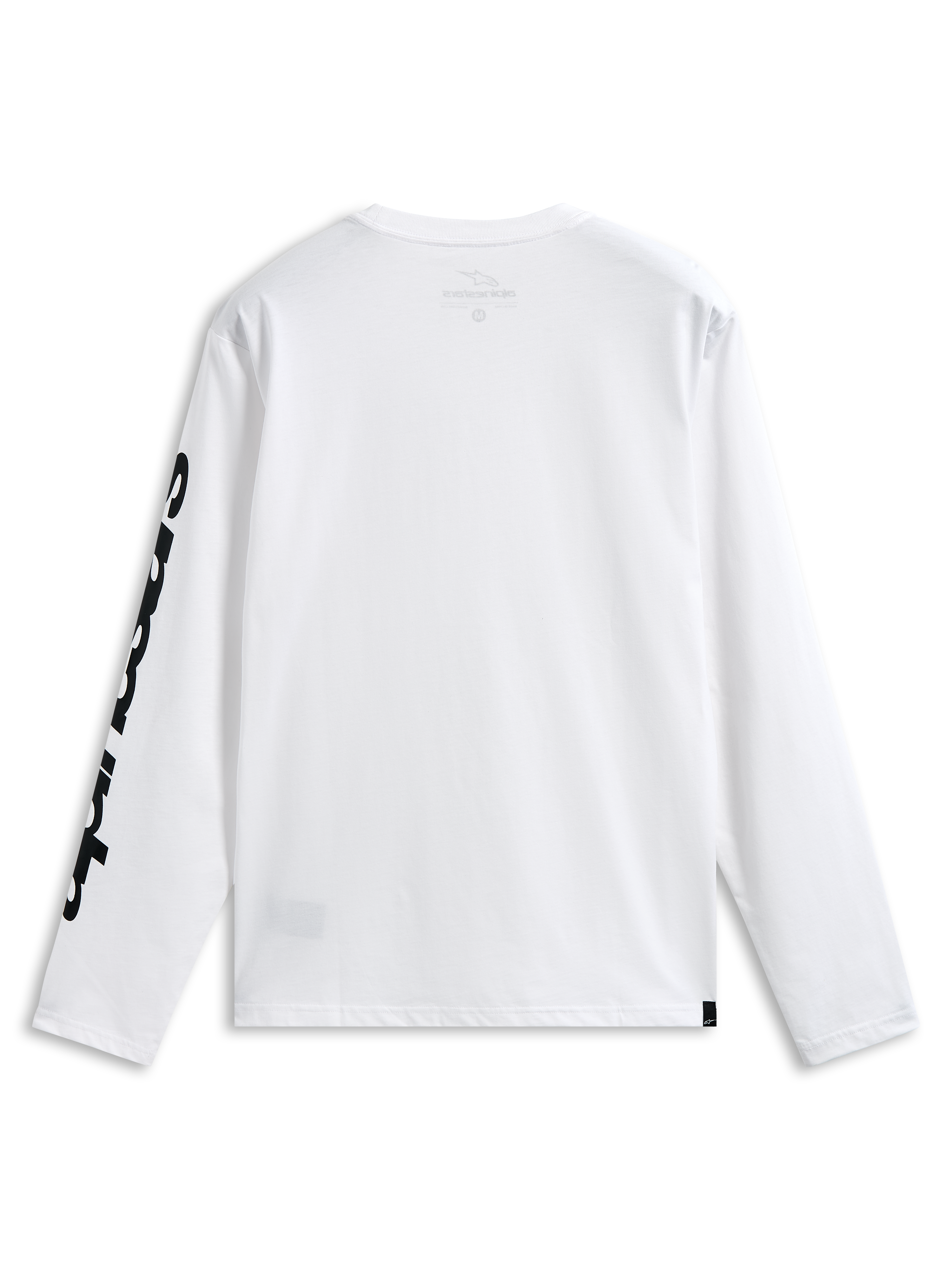 Alpinestars Trackside CSF Tee, Long Sleeve T-Shirt, White and Black, back view showing bold black graphic on the sleeve, casual motorsport-inspired streetwear