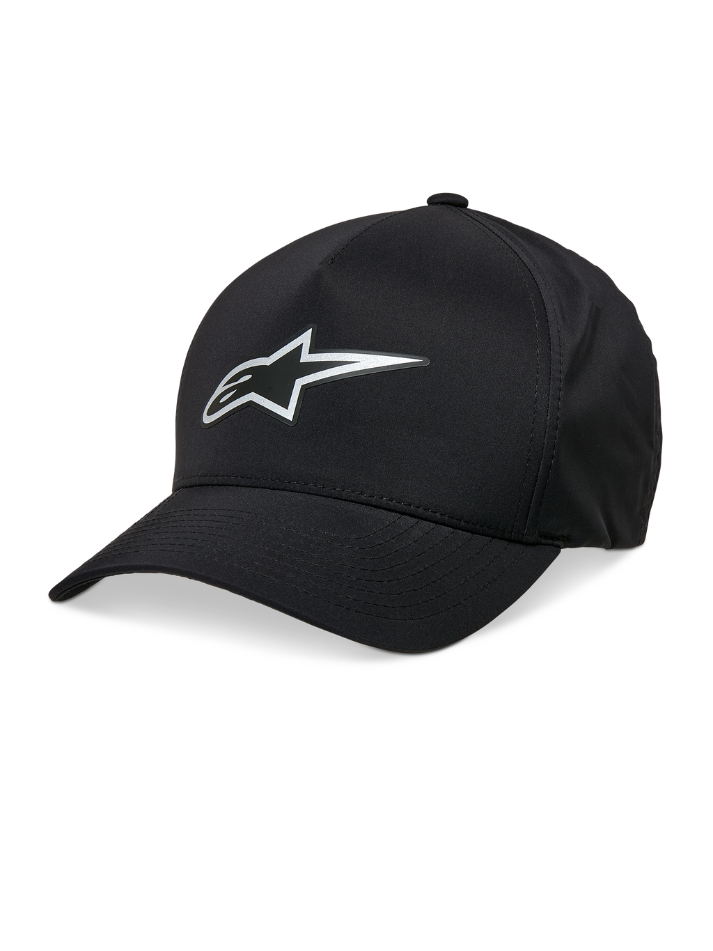 Alpinestars Ageless Reflex Wasserdichte Mütze, Schwarze Baseball-Kappe, Gebogener Schirm, Silbernes reflektierendes Astars-Logo, Strukturierte Krone, Wasserdichtes technisches Material, Lässige Motorsport-Kopfbedeckung