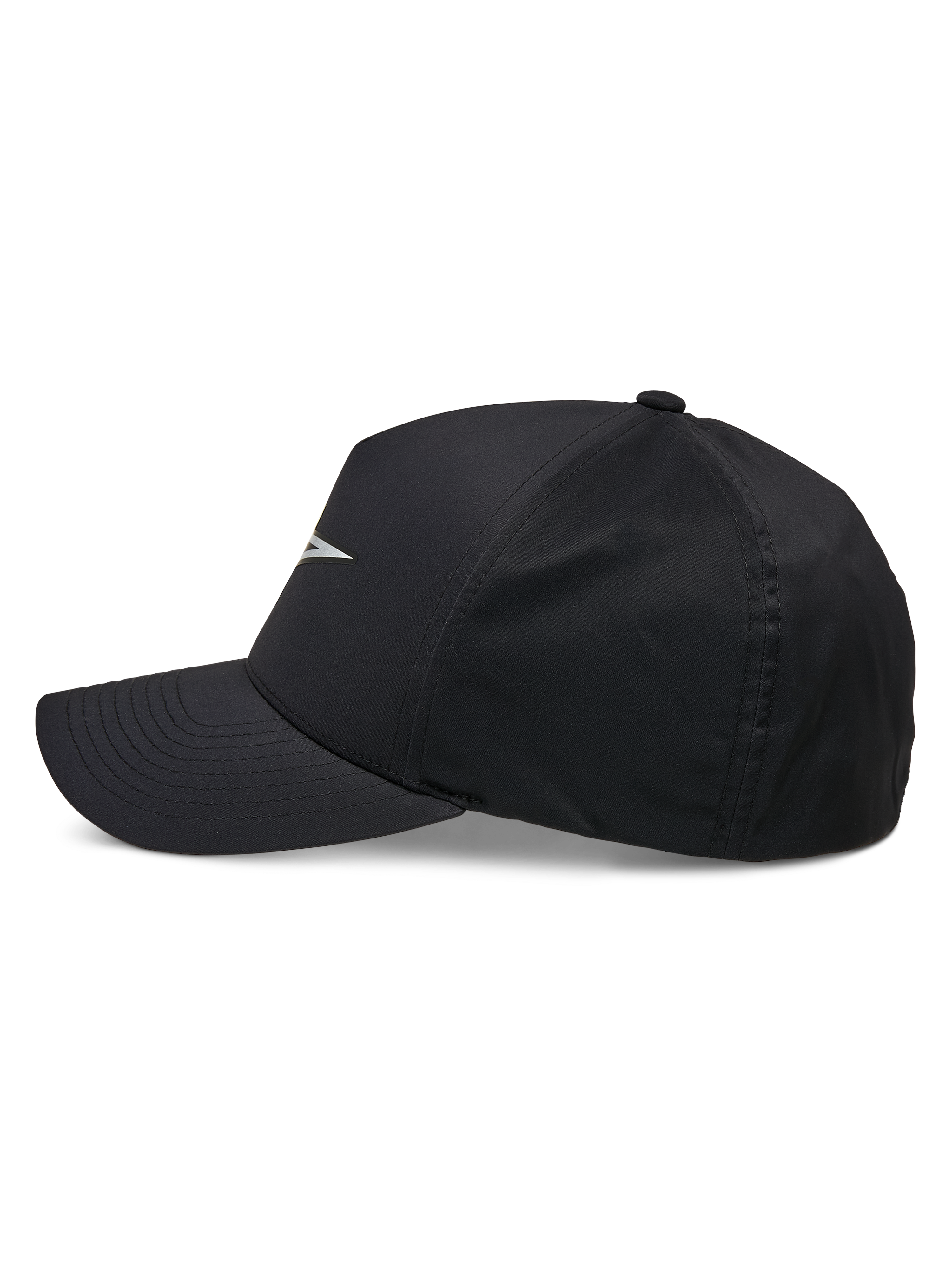 Alpinestars Ageless Reflex Waterproof Mütze, Schwarz, Seitenansicht einer Kappe mit gebogenem Schirm und strukturierter Krone, mit reflektierendem Astars-Logo und wasserdichtem Funktionsmaterial, lässige Performance-Kopfbedeckung