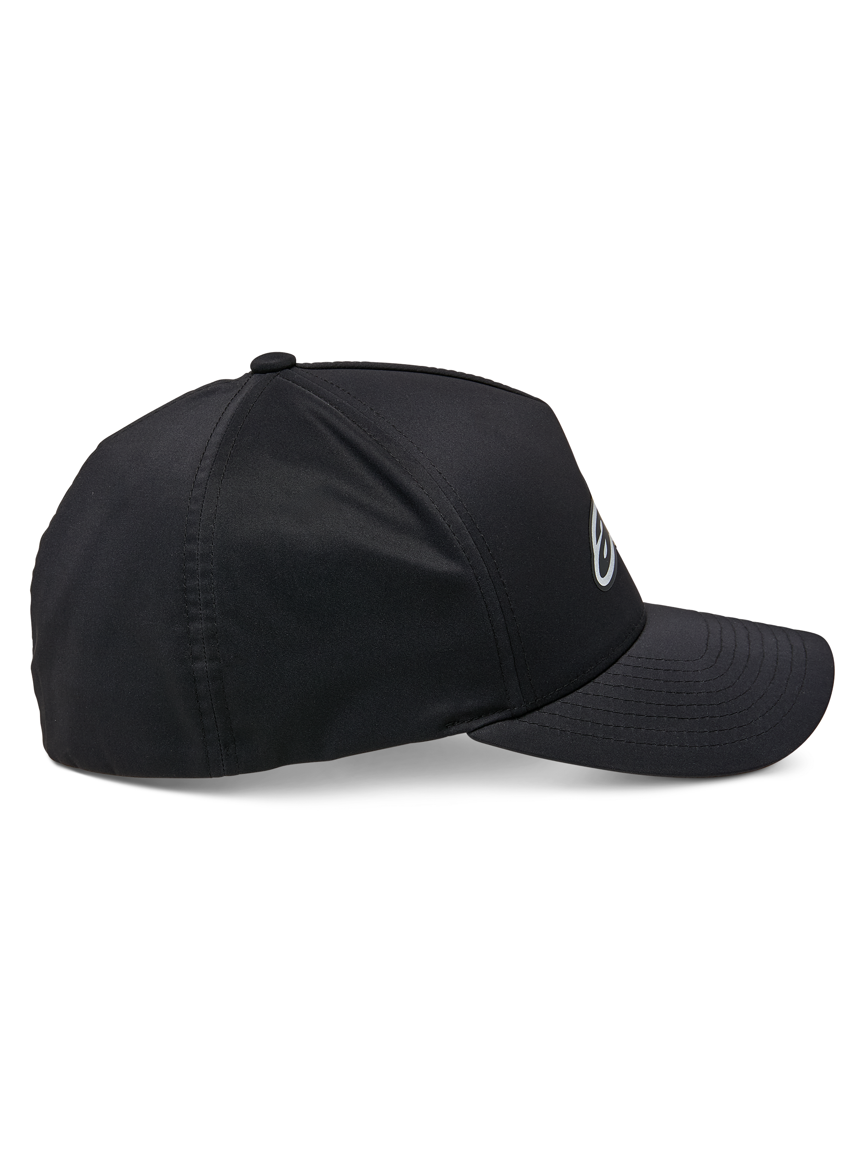 Alpinestars Ageless Reflex Waterproof Hat, Schwarz, Seitenansicht, gebogener Schirm mit strukturierter Krone, technisches wasserdichtes Material mit reflektierendem Logo, lässige Performance-Kopfbedeckung