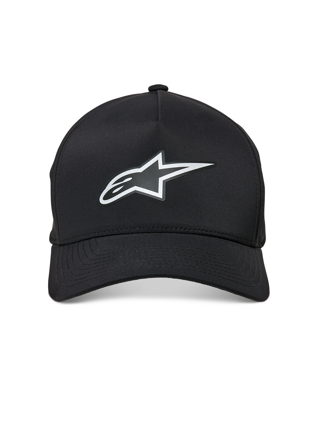 Alpinestars Ageless Reflex Waterproof Kappe, Baseballkappe mit gebogenem Schirm, Schwarz, mit reflektierendem silbernem Astars-Logo auf der Vorderseite, strukturierter Krone und technischem wasserdichtem Material, Vorderansicht