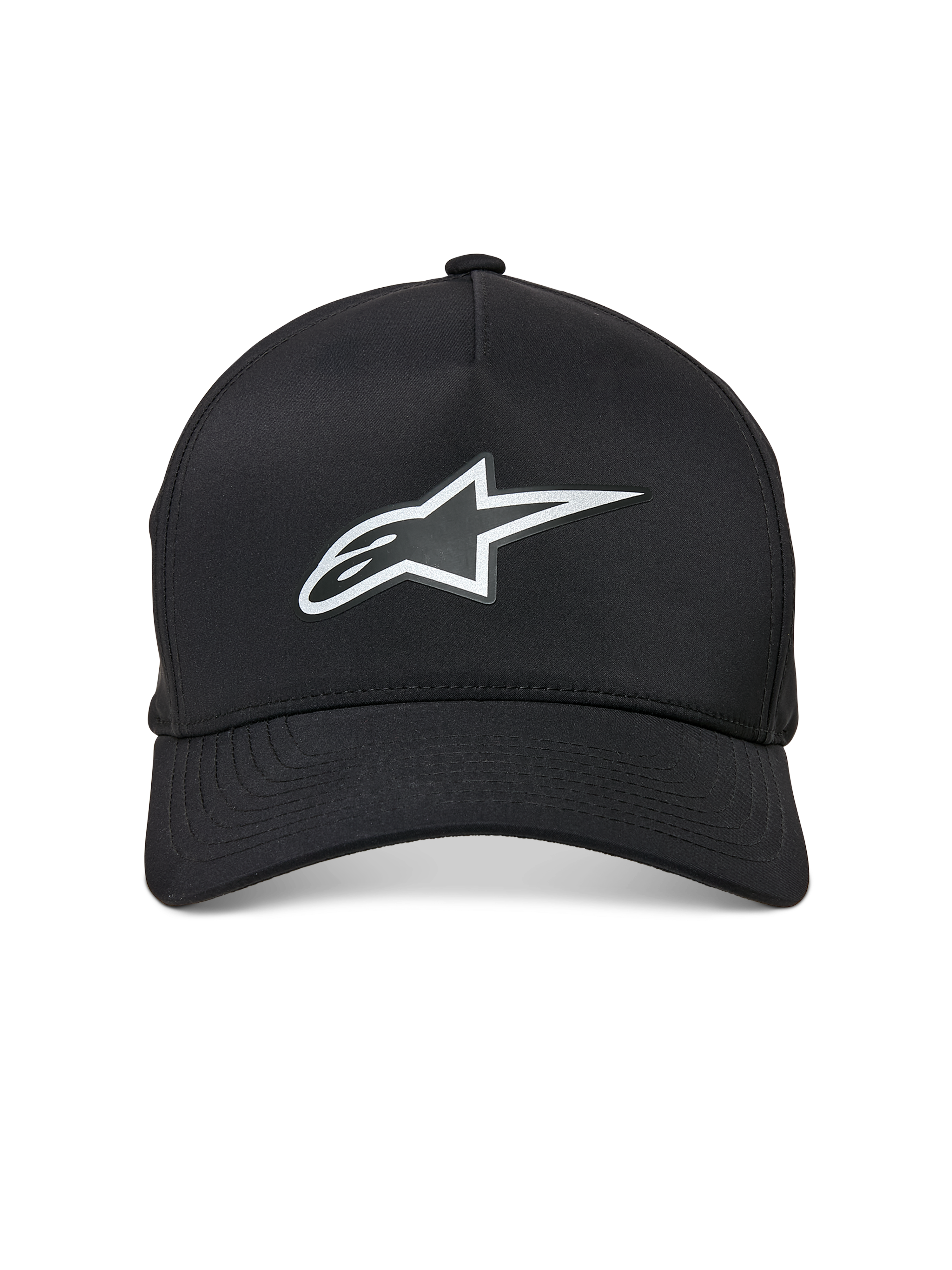 Alpinestars Ageless Reflex Waterproof Kappe, Baseballkappe mit gebogenem Schirm, Schwarz, mit reflektierendem silbernem Astars-Logo auf der Vorderseite, strukturierter Krone und technischem wasserdichtem Material, Vorderansicht
