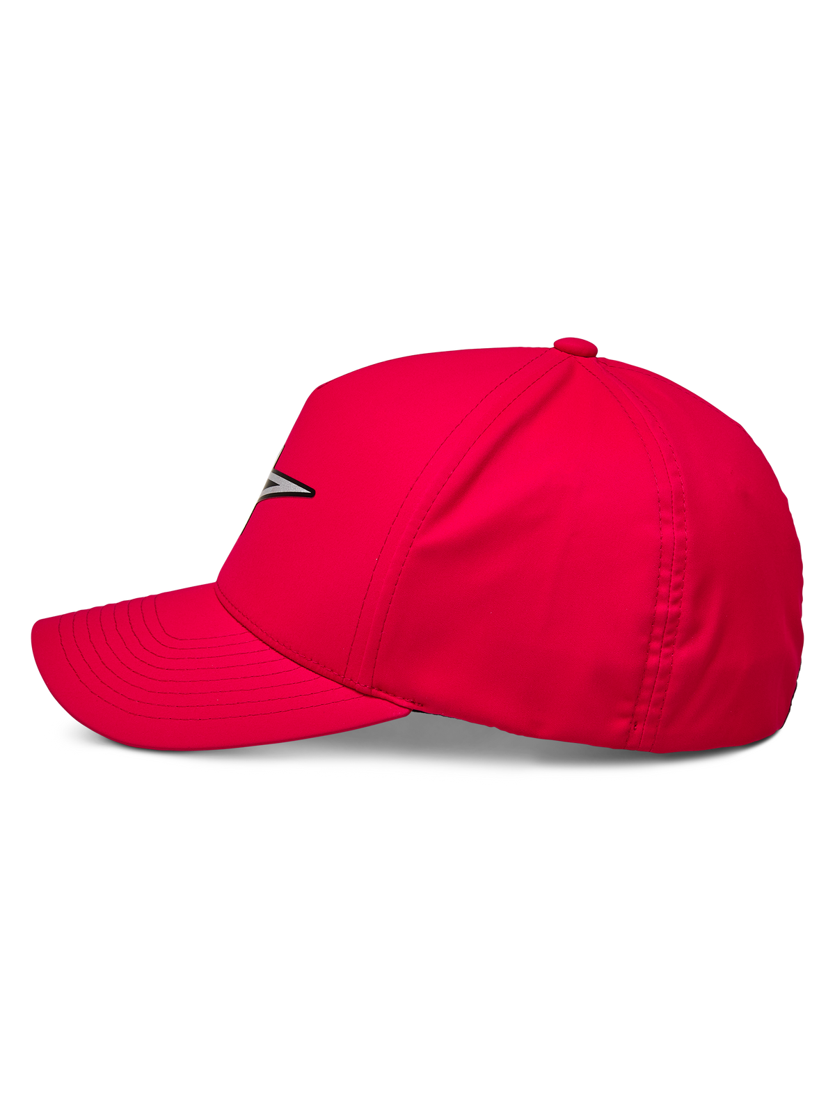 Alpinestars Ageless Reflex Waterproof Hat, rote Baseballkappe, Seitenansicht mit gebogenem Schirm und strukturierter Krone, reflektierendes Astars-Logo auf der Vorderseite, funktionelle Sportbekleidung