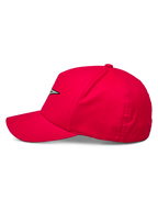 Alpinestars Ageless Reflex Waterproof Hat, rote Baseballkappe, Seitenansicht mit gebogenem Schirm und strukturierter Krone, reflektierendes Astars-Logo auf der Vorderseite, funktionelle Sportbekleidung