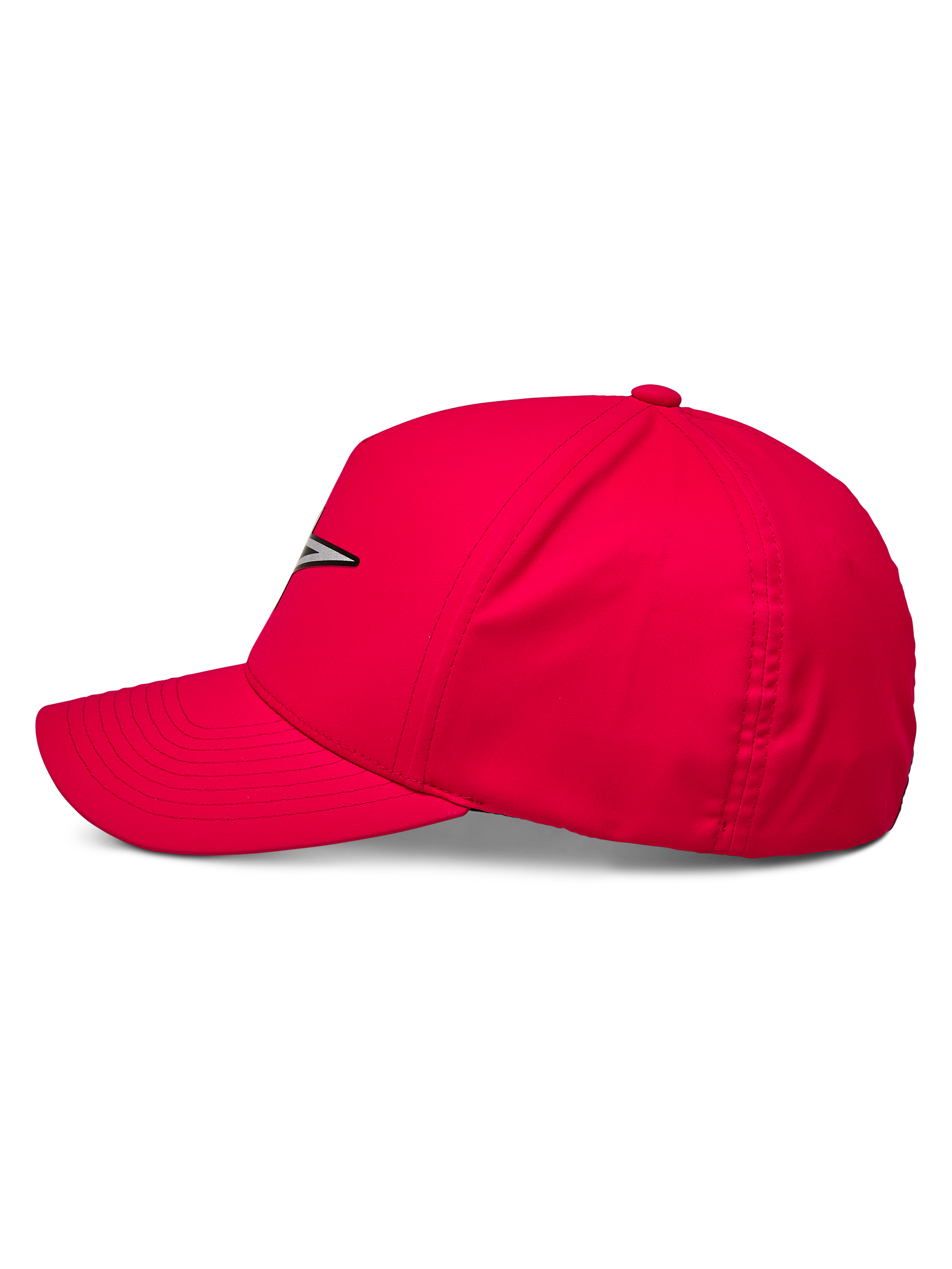 Alpinestars Ageless Reflex Waterproof Hat, rote Baseballkappe, Seitenansicht mit gebogenem Schirm und strukturierter Krone, reflektierendes Astars-Logo auf der Vorderseite, funktionelle Sportbekleidung