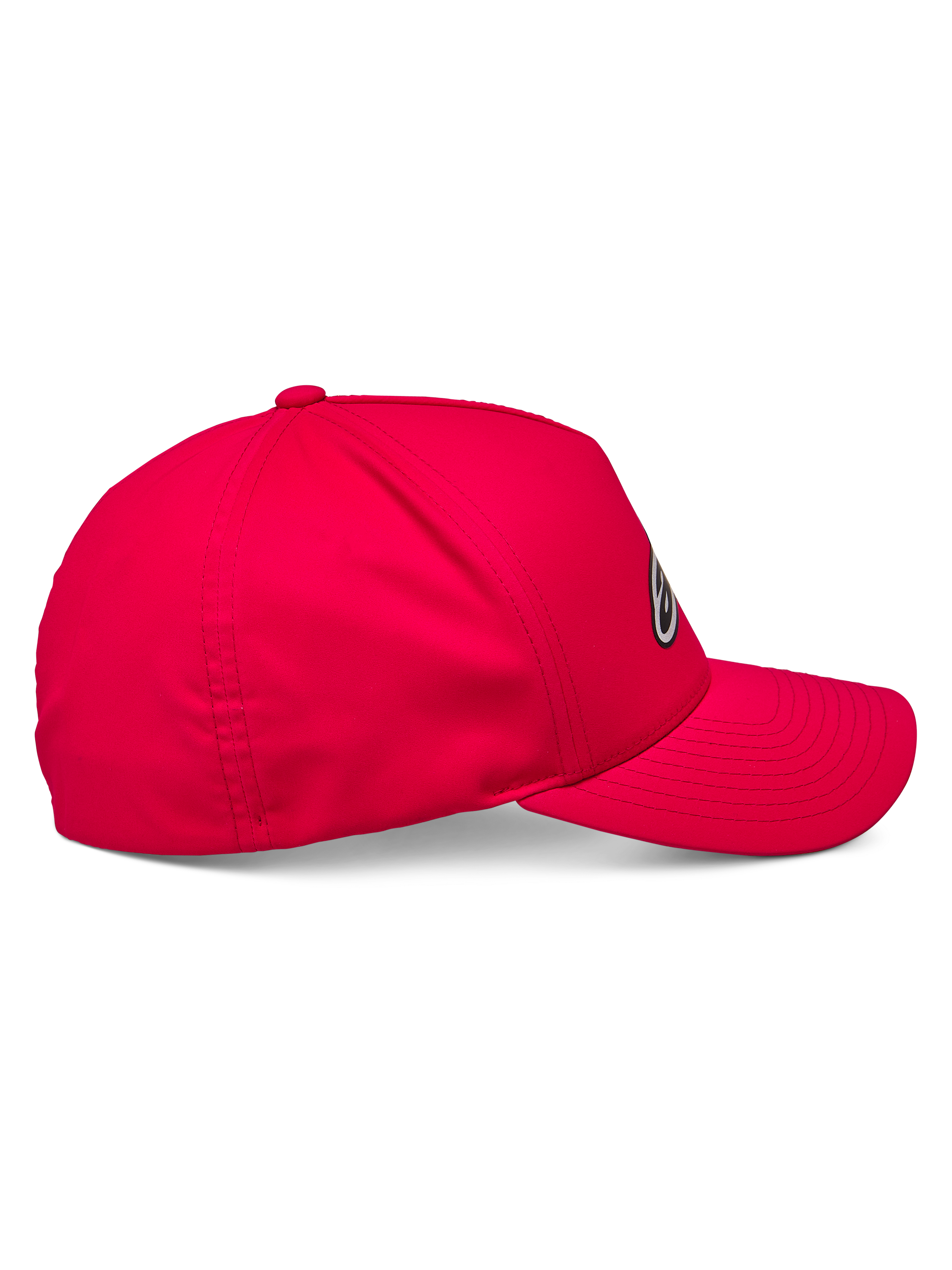 Alpinestars Ageless Reflex Waterproof Hat, Rot, Seitenprofil einer Baseball-Kappe mit gebogenem Schirm und strukturierter Krone, aus technischem wasserdichtem Material mit reflektierendem Logo-Detail.