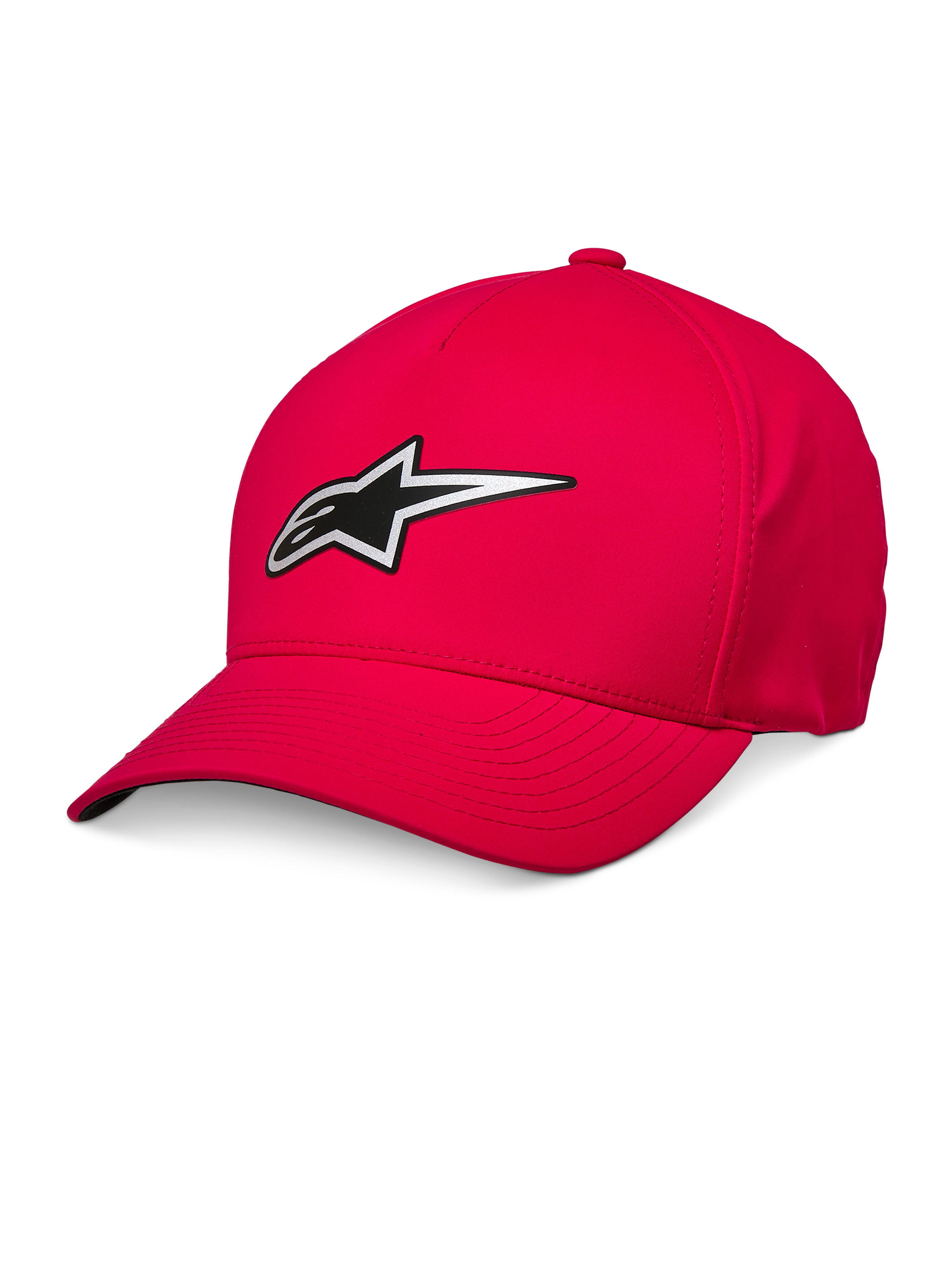 Alpinestars Ageless Reflex wasserdichte Kappe, rote Baseball-Kappe, gebogener Schirm, silbernes und schwarzes reflektierendes Astars-Logo, wasserdichtes technisches Material, lässige Sport-Kopfbedeckung