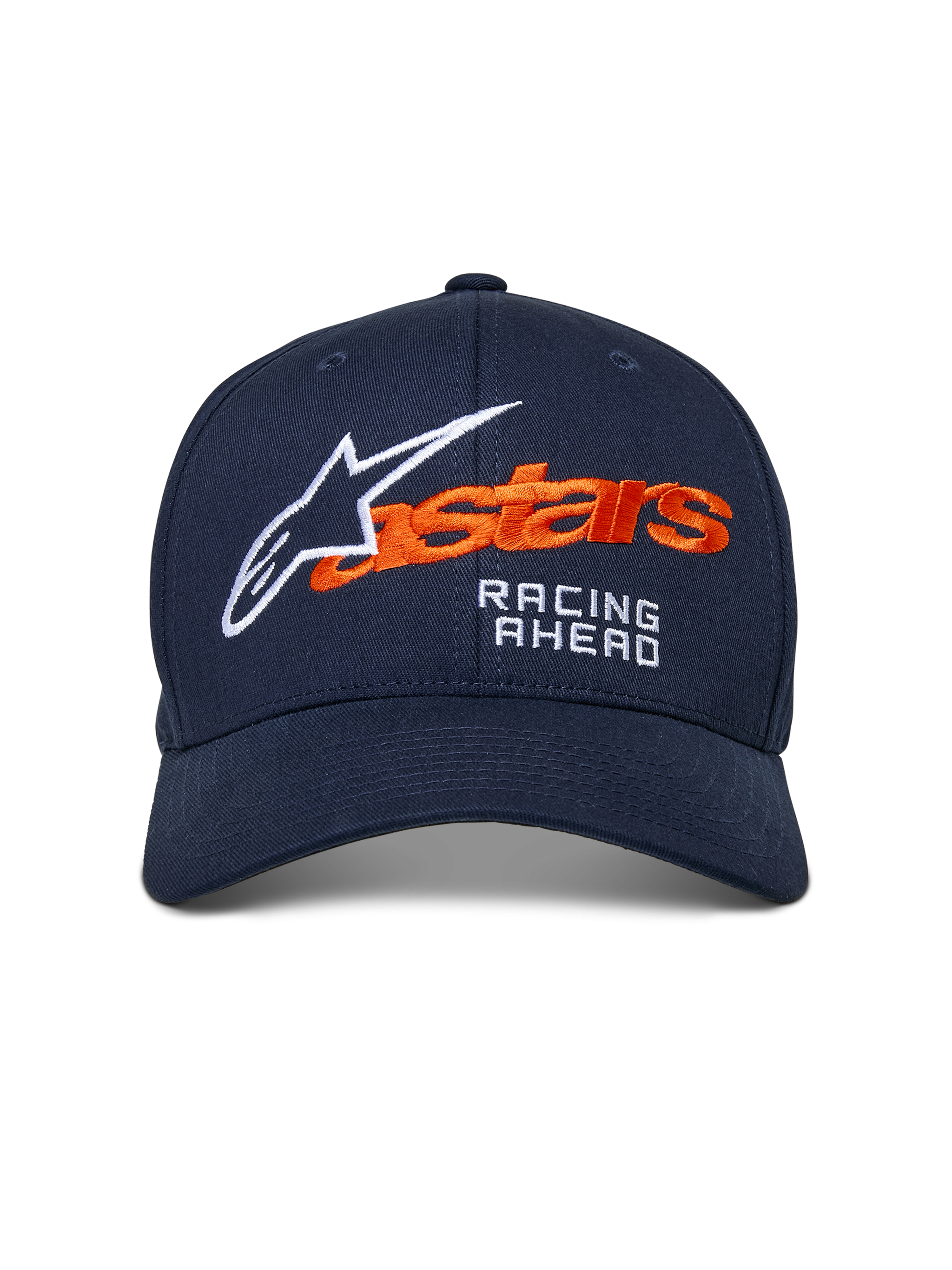 Alpinestars Entitled Hat, Navy Blue baseball cap with orange and white embroidery, featuring 'astars' branding and 'RACING AHEAD' text, curved bill, casual motorsport-inspired headwear