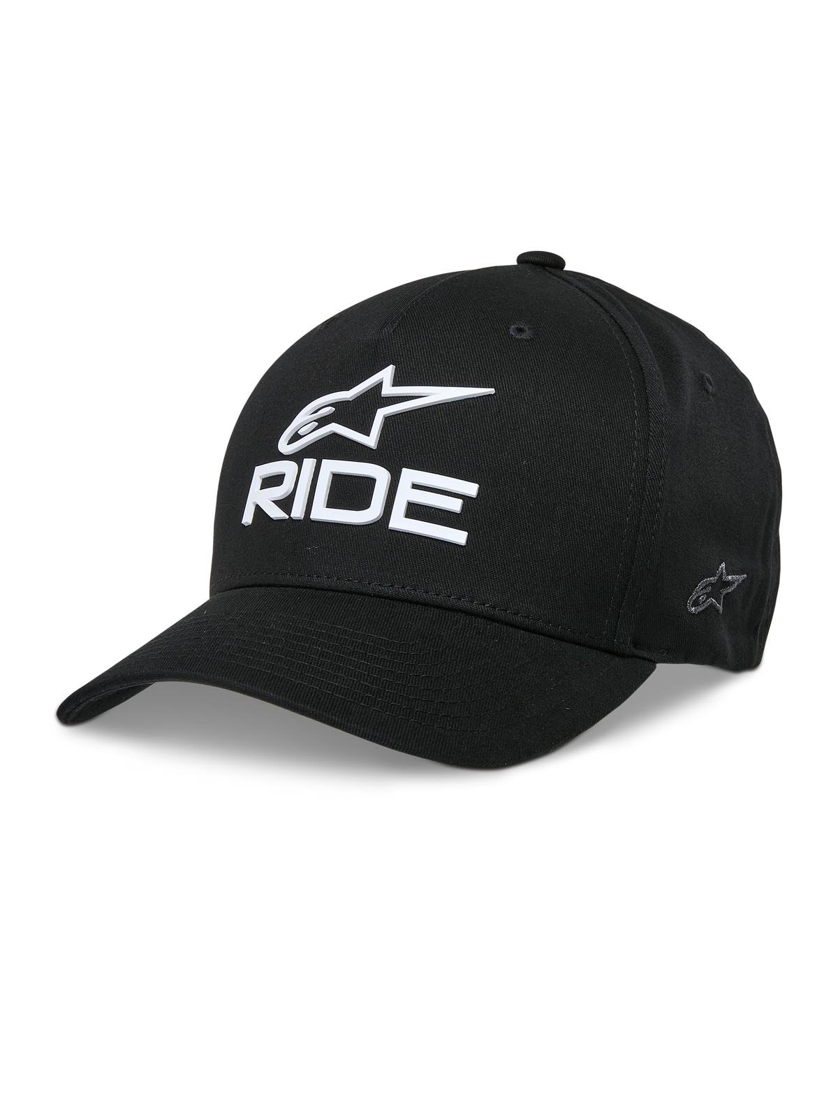Alpinestars Ride Sonic Hat, Black Baseball Cap, White 3D Embroidered Star Logo and RIDE Text, Curved Bill, Structured Crown, Casual Motorsport Headwear