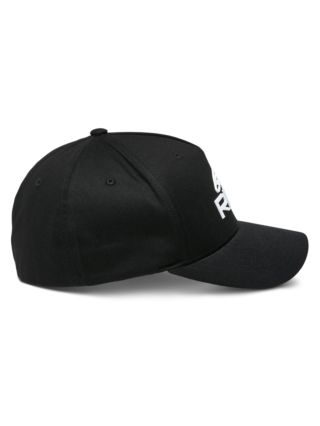 Alpinestars Ride Sonic Hat, side profile view, black with white 3D embroidered logo, curved bill, structured crown, stretch twill fabric, casual motorsport headwear