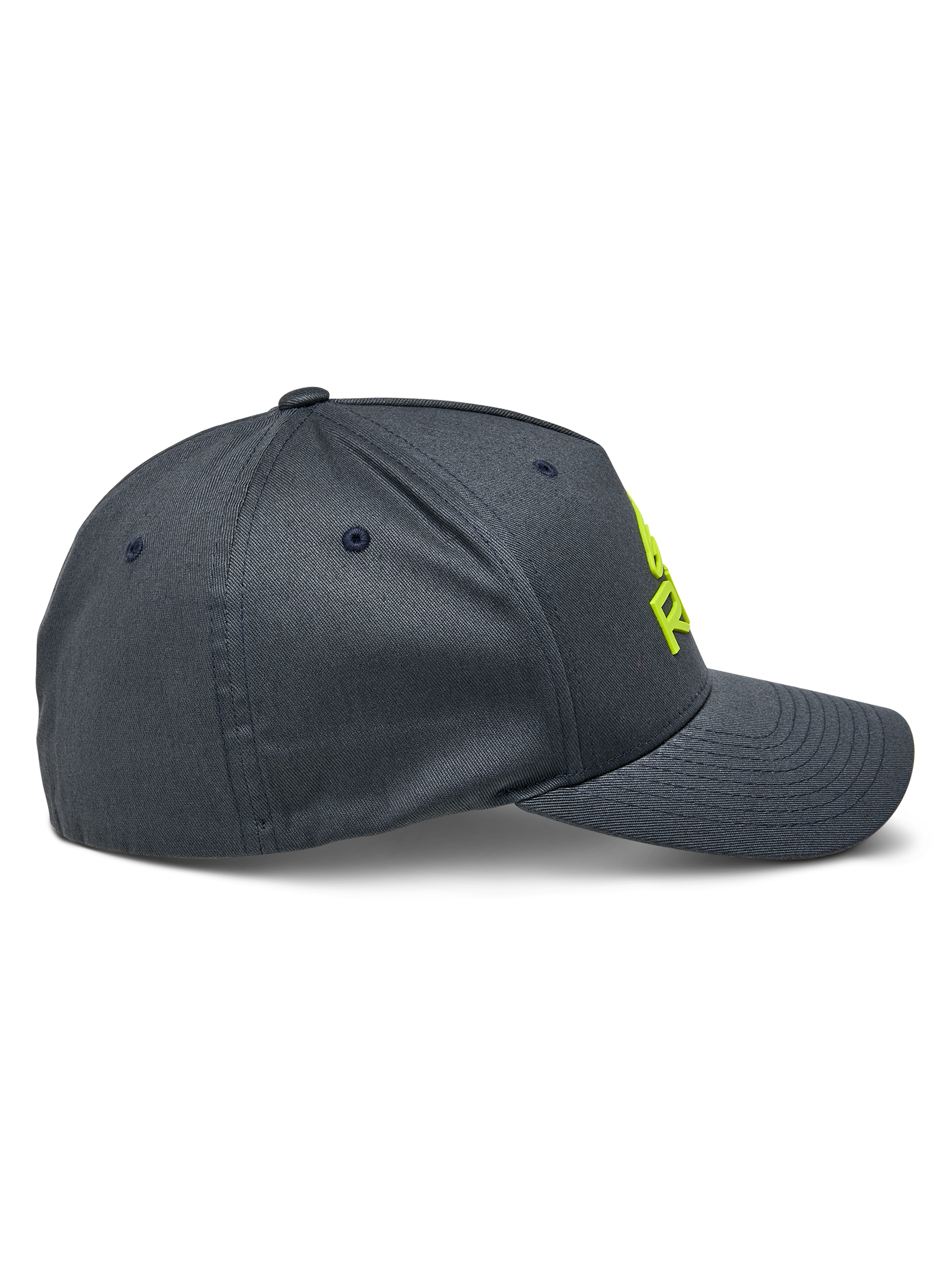 Alpinestars Ride Sonic Mütze, Seitenansicht, Anthrazit mit neongelbem 3D-Sticklogo, gebogener Schirm und strukturierte Krone, lässige Motorsport-Kopfbedeckung aus Stretch-Twill