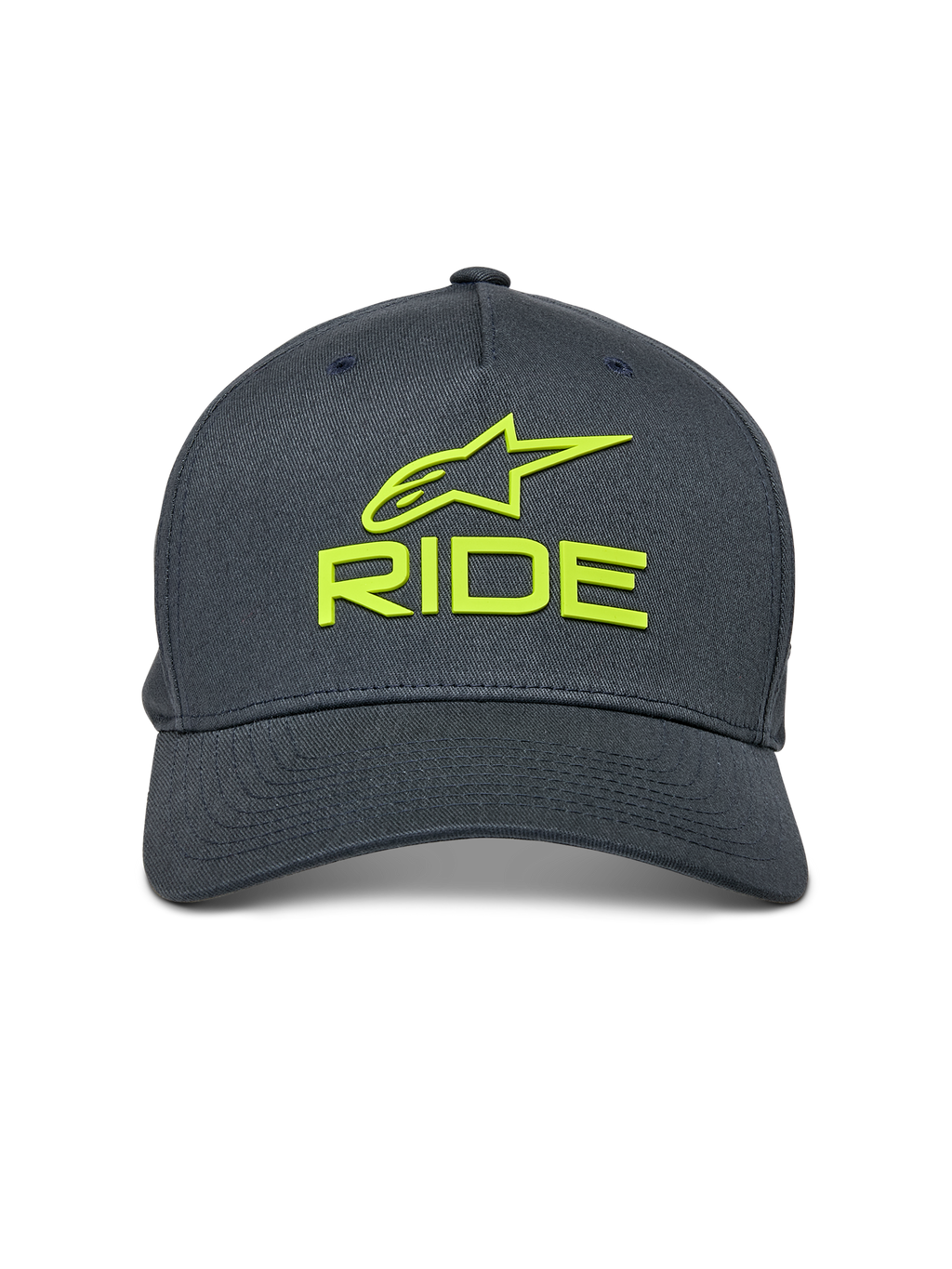Alpinestars Ride Sonic Mütze, Anthrazitgrau mit Hi-Vis Gelb, 3D-gesticktes Alpinestars-Logo und RIDE-Schriftzug, gebogener Schirm, strukturierte Krone, lässige, vom Motorsport inspirierte Kopfbedeckung
