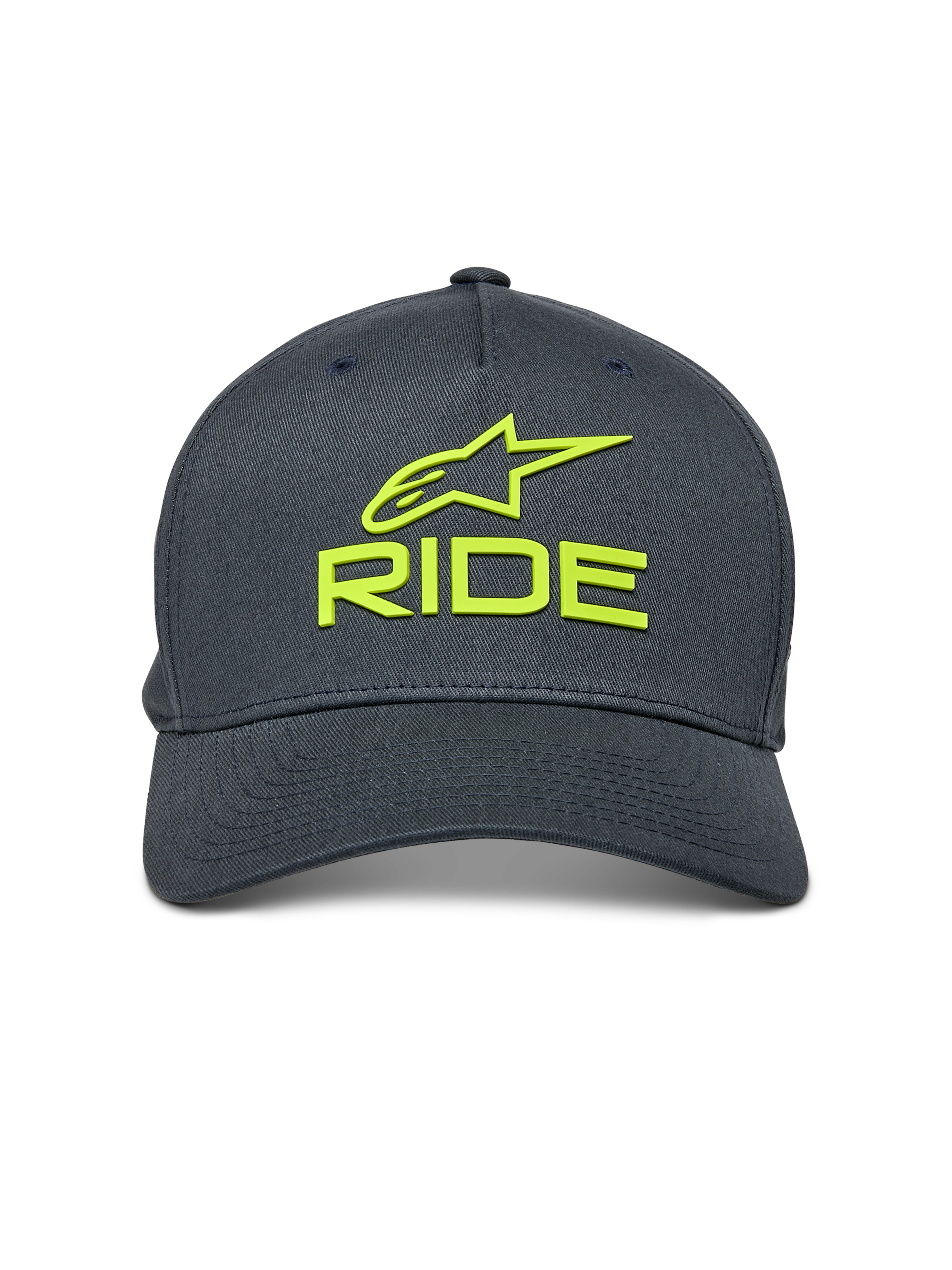 Alpinestars Ride Sonic Mütze, Anthrazitgrau mit Hi-Vis Gelb, 3D-gesticktes Alpinestars-Logo und RIDE-Schriftzug, gebogener Schirm, strukturierte Krone, lässige, vom Motorsport inspirierte Kopfbedeckung