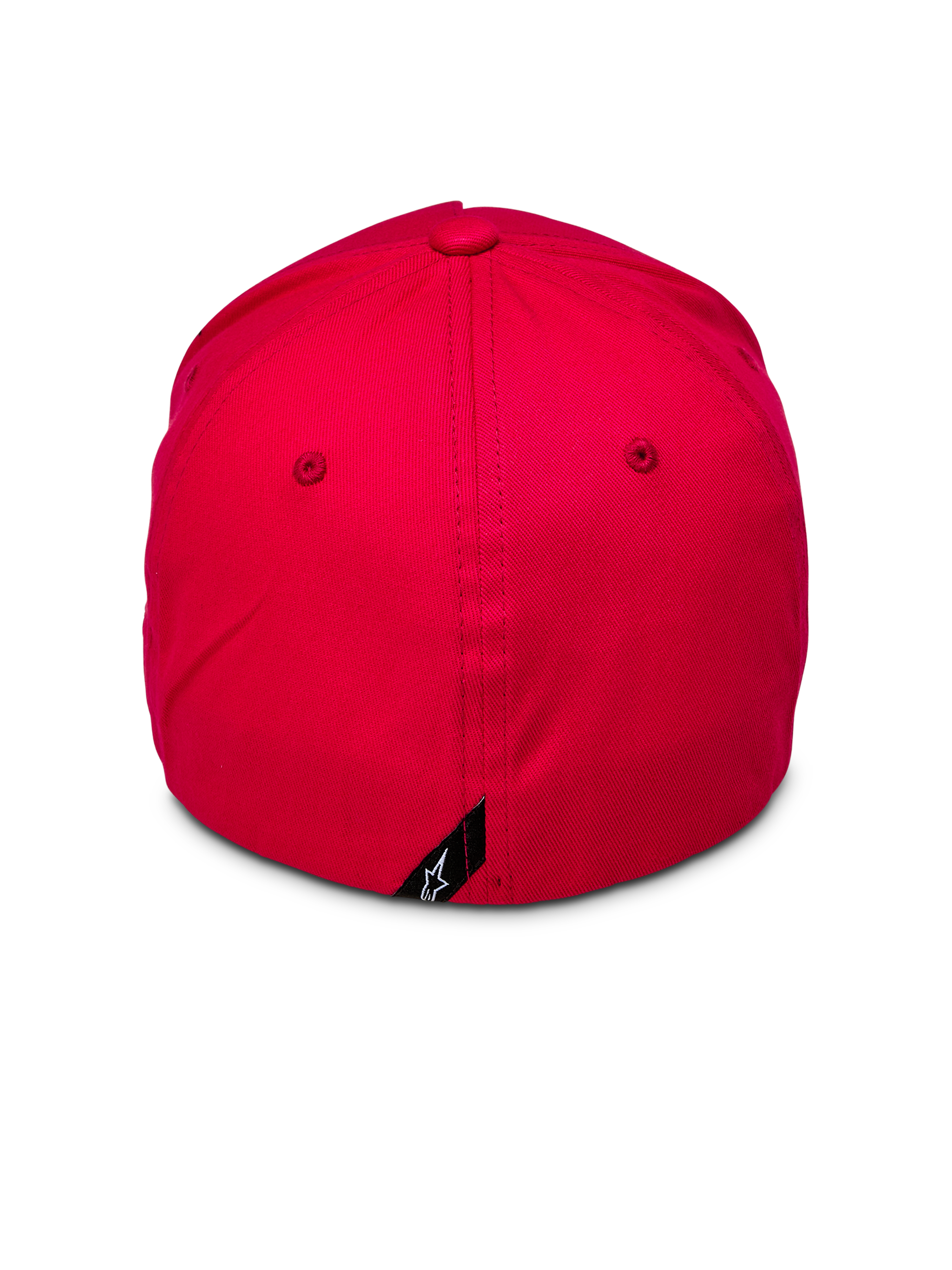 Alpinestars Ride Sonic Kappe, Rückansicht einer roten Baseballkappe, strukturierte Krone mit Flex-Rückseite, kleines schwarzes Etikett mit weißem Alpinestars-Sternlogo auf der Rückseite, lässige rote Kopfbedeckung aus Stretch-Twill