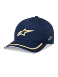 Alpinestars Ascension Snapback Hat, Baseball-Cap, Dunkelblau und Gold, 3D-besticktes Astars-Logo, gebogener Schirm mit gelben und weißen Streifen, lässige Motorsport-Kopfbedeckung