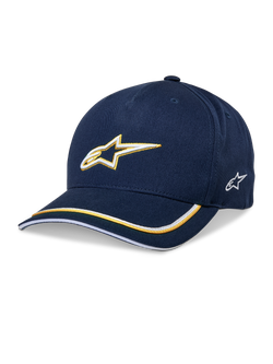 Alpinestars Ascension Snapback Hat, Baseball-Cap, Dunkelblau und Gold, 3D-besticktes Astars-Logo, gebogener Schirm mit gelben und weißen Streifen, lässige Motorsport-Kopfbedeckung