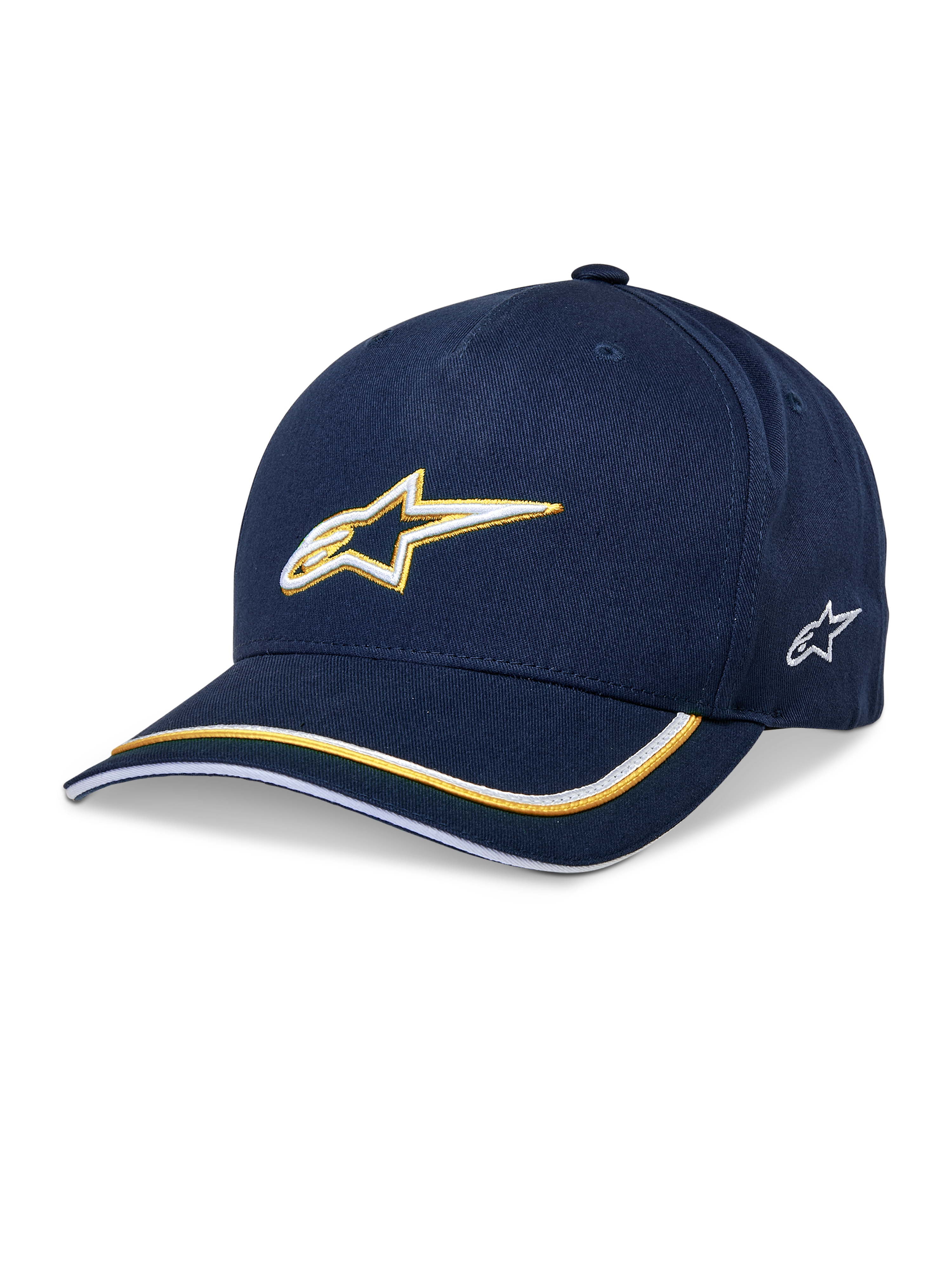 Alpinestars Ascension Snapback Hat, Baseball-Cap, Dunkelblau und Gold, 3D-besticktes Astars-Logo, gebogener Schirm mit gelben und weißen Streifen, lässige Motorsport-Kopfbedeckung