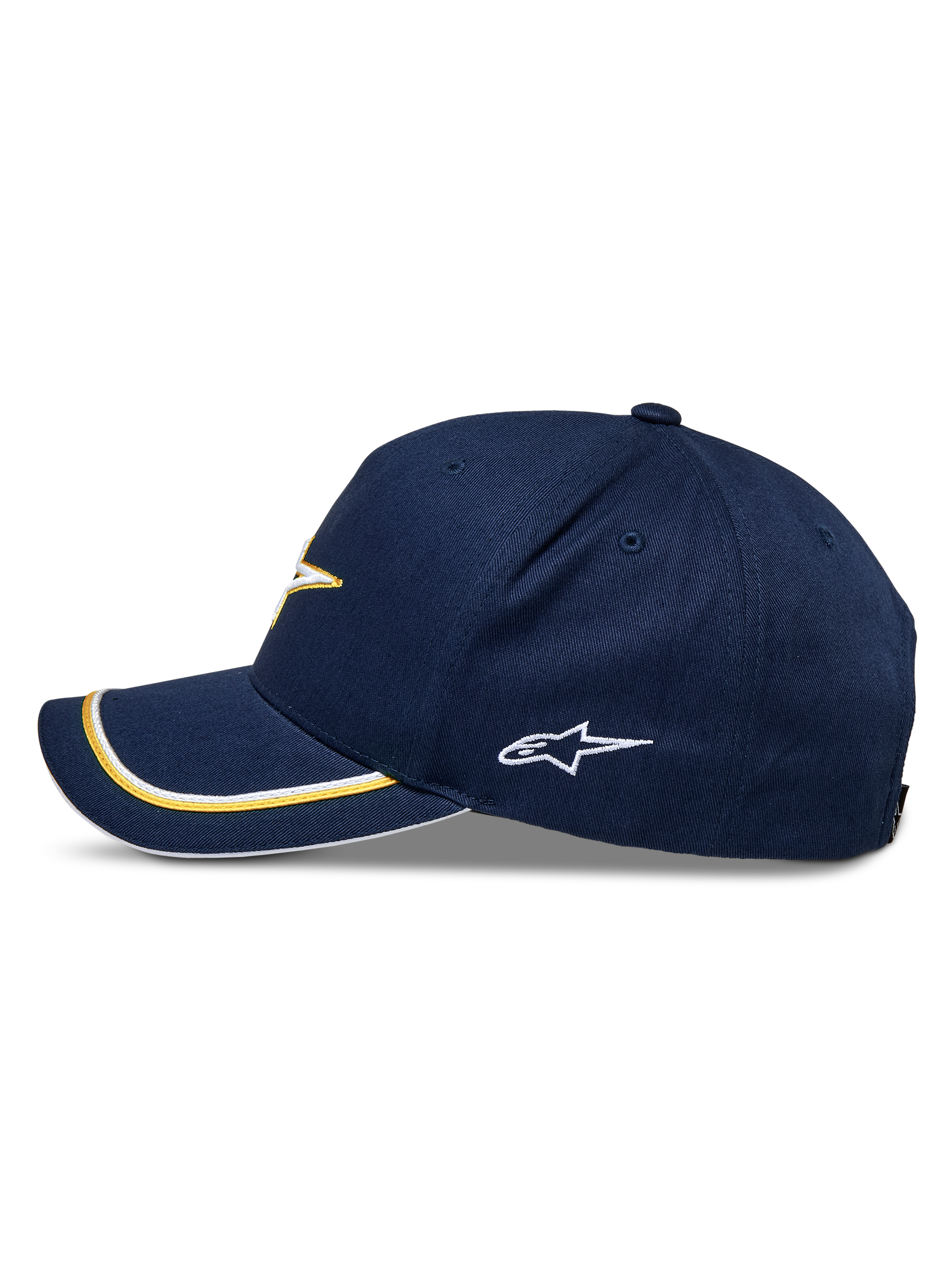 Alpinestars Ascension Snapback Mütze, Navy-Gold, Seitenprofil mit gebogenem Schirm, gold-weißer doppelter Sutache-Besatz, gesticktes Seitenlogo, lässige Motorsport-Streetwear