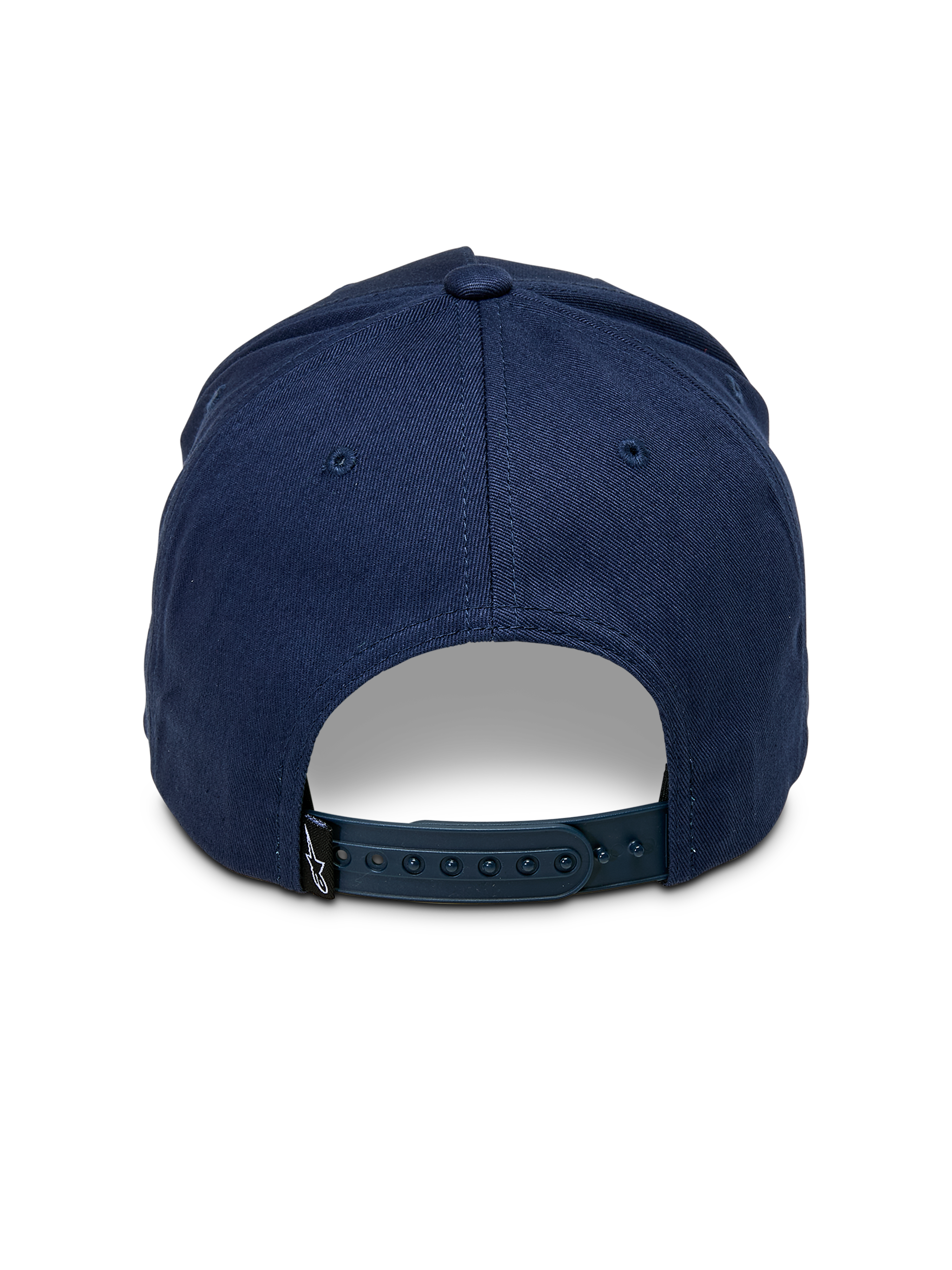 Alpinestars Ascension Snapback-Mütze, Marineblau, Rückansicht mit verstellbarem Snapback-Verschluss und strukturierter Krone, kleines schwarzes Astars-Logo-Etikett, lässige Motorsport-Streetwear