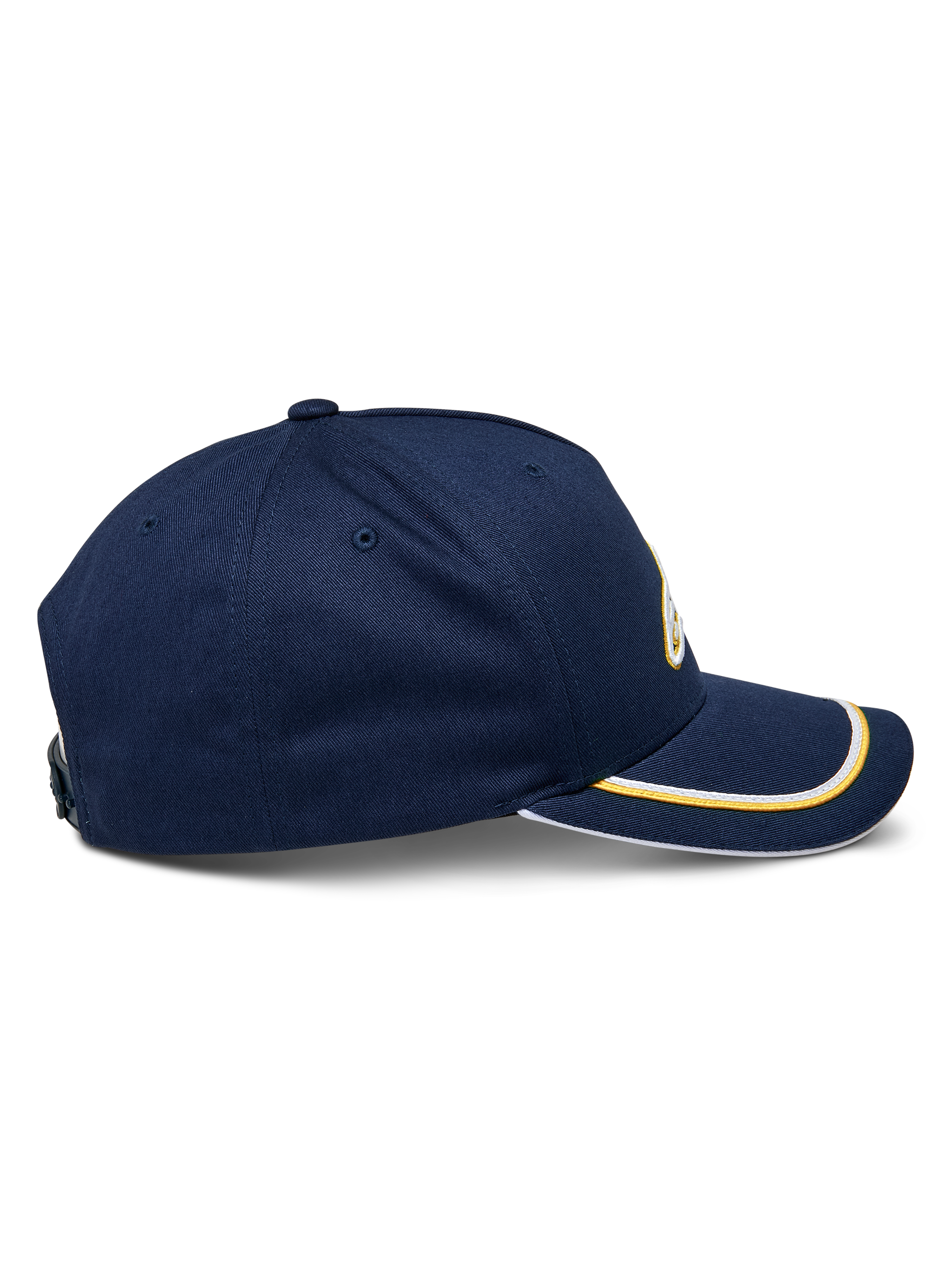 Alpinestars Ascension Snapback Mütze, Seitenansicht, Navyblau mit gold- und weißem Sutache-Besatz am gebogenen Schirm, strukturierte Krone, lässige Motorsport-Kopfbedeckung