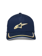 Alpinestars Ascension Snapback Mütze, Marineblau und Gold, 3D-gesticktes Astars-Logo in Weiß und Gold, gebogener Schirm mit doppeltem Sutache-Besatz, lässige, vom Motorsport inspirierte Kopfbedeckung