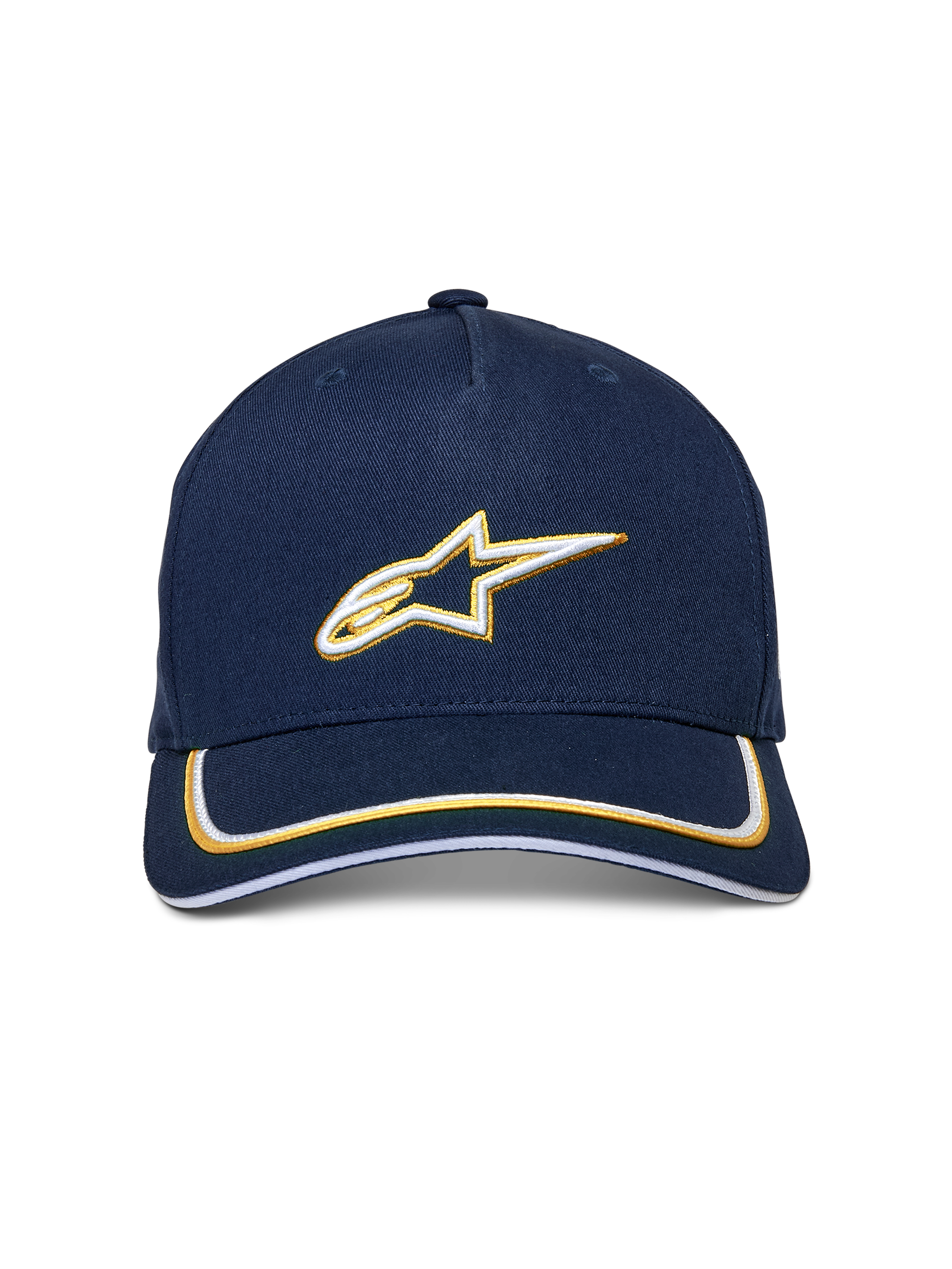Alpinestars Ascension Snapback Mütze, Marineblau und Gold, 3D-gesticktes Astars-Logo in Weiß und Gold, gebogener Schirm mit doppeltem Sutache-Besatz, lässige, vom Motorsport inspirierte Kopfbedeckung