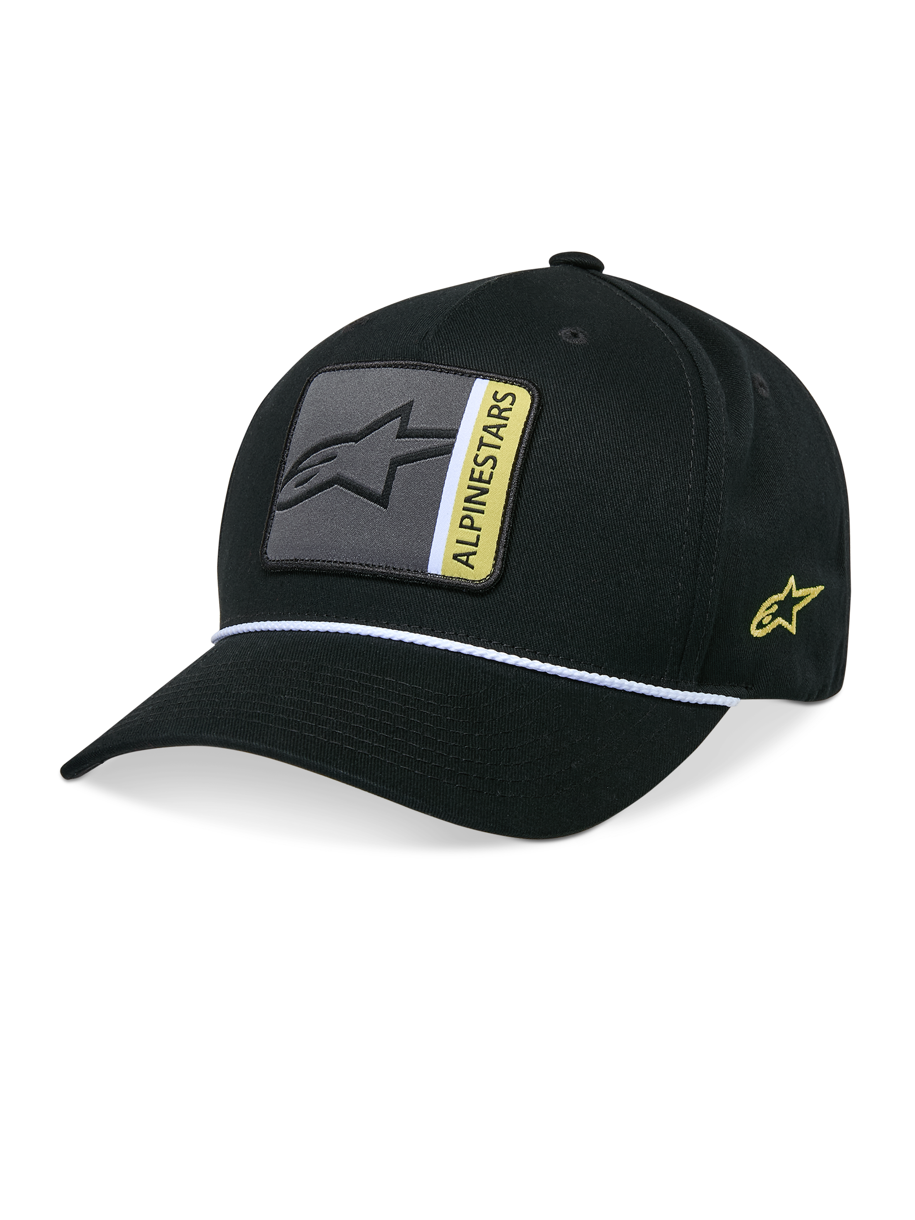 Alpinestars Specific Snapback Hat, Snapback-Kappe, Schwarz, gebogener Schirm mit weißem geflochtenem Seilbesatz, grau-gelbes Logo-Patch vorne, gelbe Logo-Stickerei an der Seite, strukturierte Krone, vom Motorsport inspirierte Kopfbedeckung