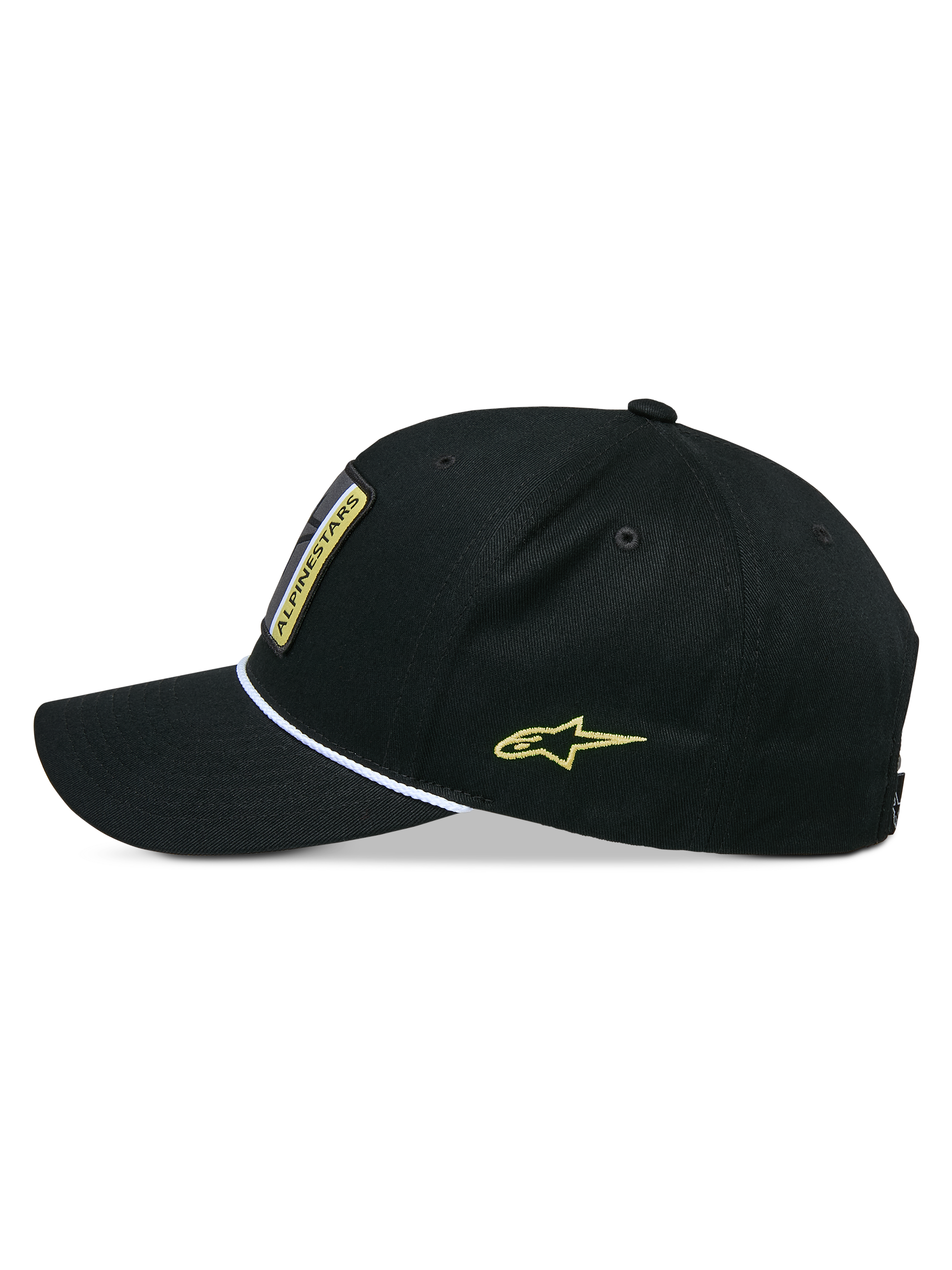 Alpinestars Specific Snapback Hat, Snapback-Kappe, Schwarz, Seitenansicht mit gebogenem Schirm und weißem geflochtenem Seilbesatz, gelbe Astars-Logo-Stickerei an der Seite, strukturierte Krone, lässige Kopfbedeckung