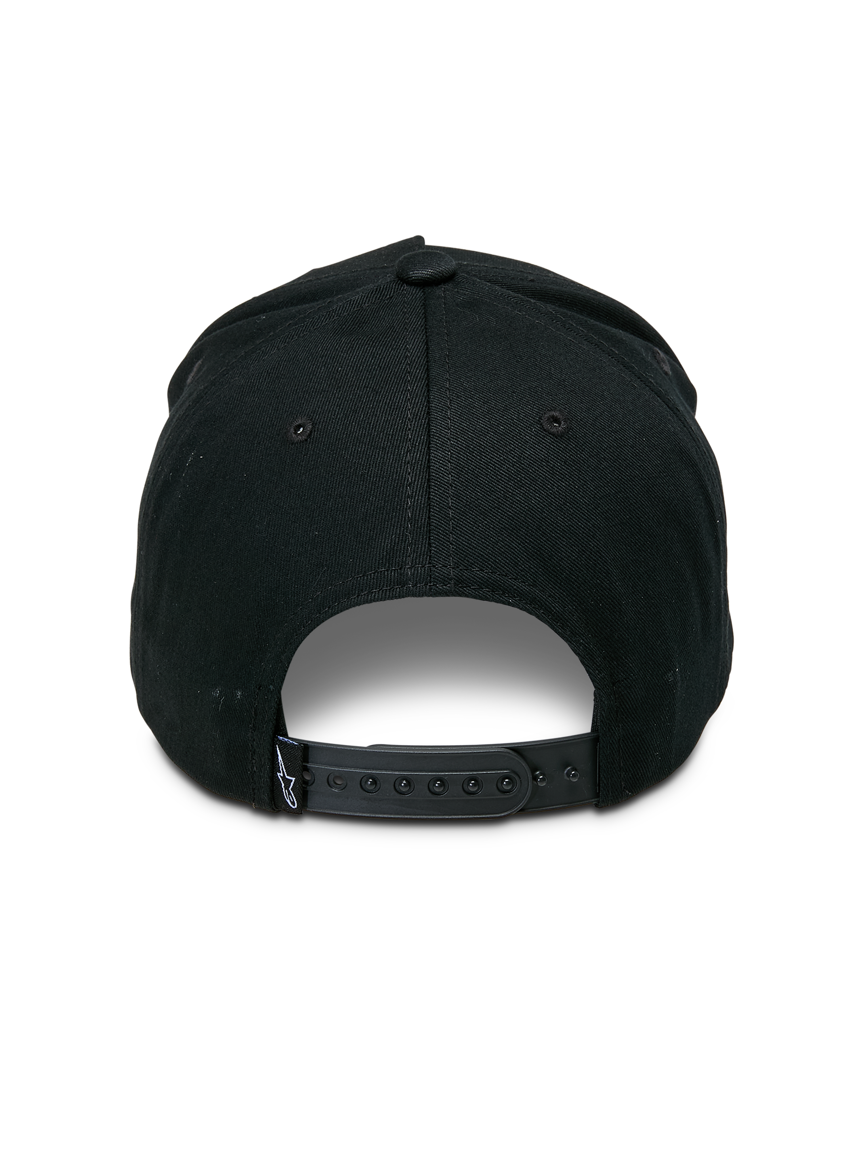 Alpinestars Specific Snapback Mütze, Schwarz, Rückansicht mit verstellbarem Snapback-Verschluss aus Kunststoff, kleines weißes Astars-Logo auf dem rückseitigen Etikett, strukturierte Krone, lässige Motorsport-Kopfbedeckung
