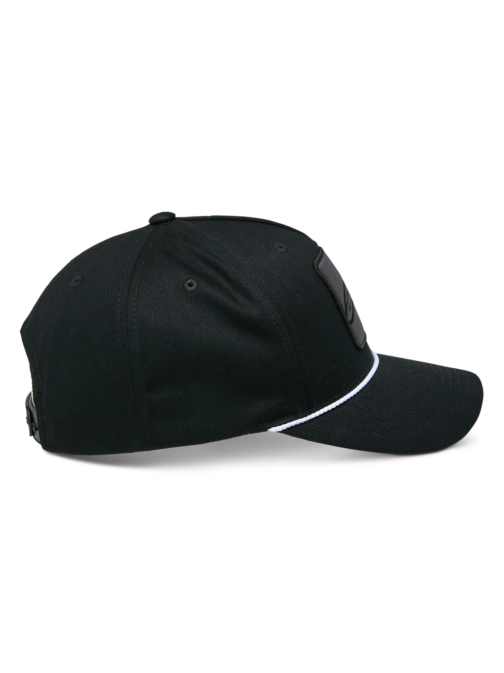 Alpinestars Specific Snapback Mütze, Schwarz, Seitenprofil mit gebogenem Schirm und weißem geflochtenem Seilbesatz, strukturierte Krone, lässige Motorsport-Kopfbedeckung