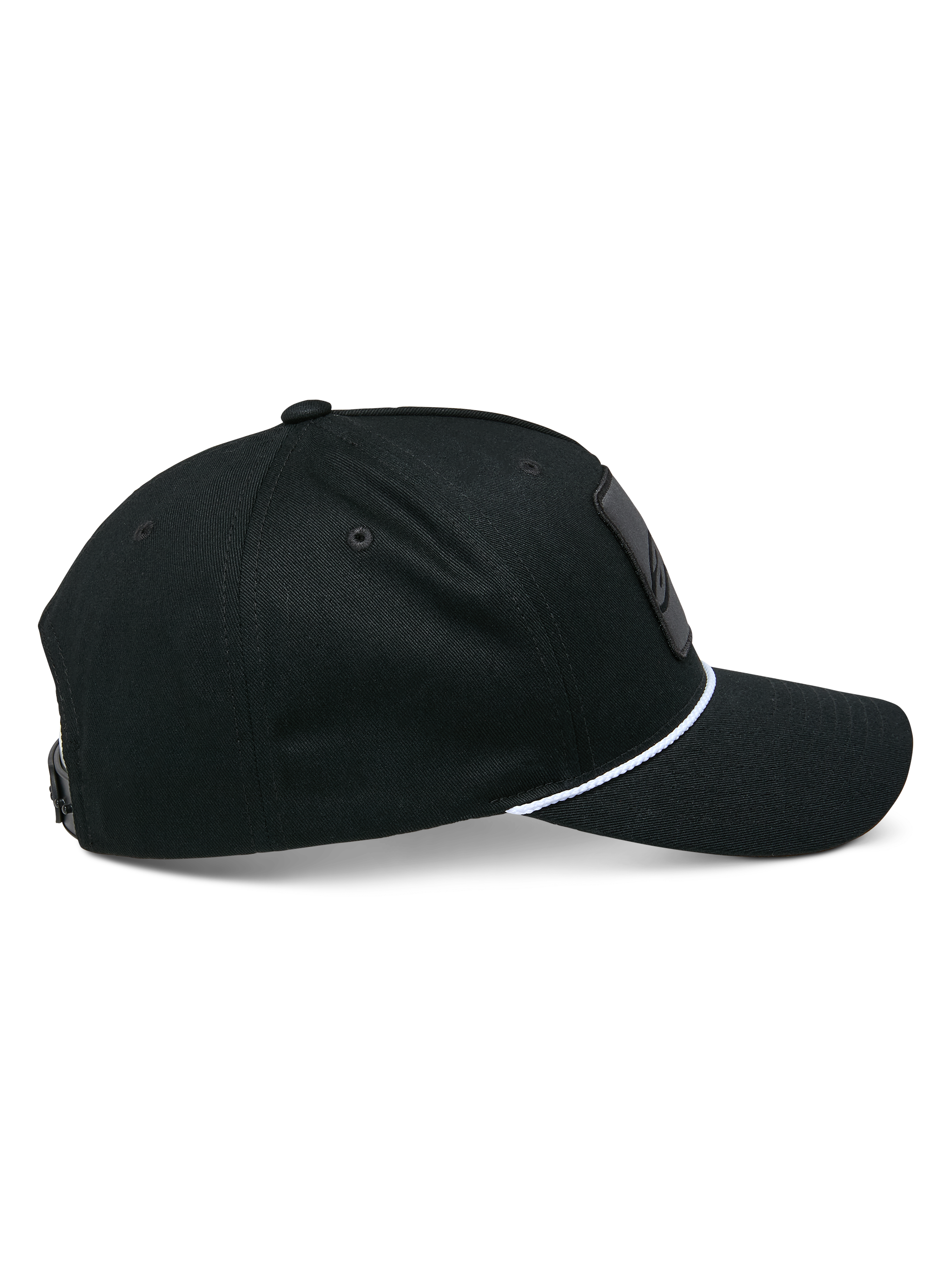Alpinestars Specific Snapback Mütze, Schwarz, Seitenprofil mit gebogenem Schirm und weißem geflochtenem Seilbesatz, strukturierte Krone, lässige Motorsport-Kopfbedeckung