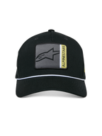 Alpinestars Specific Snapback Mütze, Schwarz, vorderes mehrfarbiges Astars-Logo-Patch mit grauen und gelben Details, weißer geflochtener Seilbesatz, gebogener Schirm, strukturierte Krone, lässige Streetwear