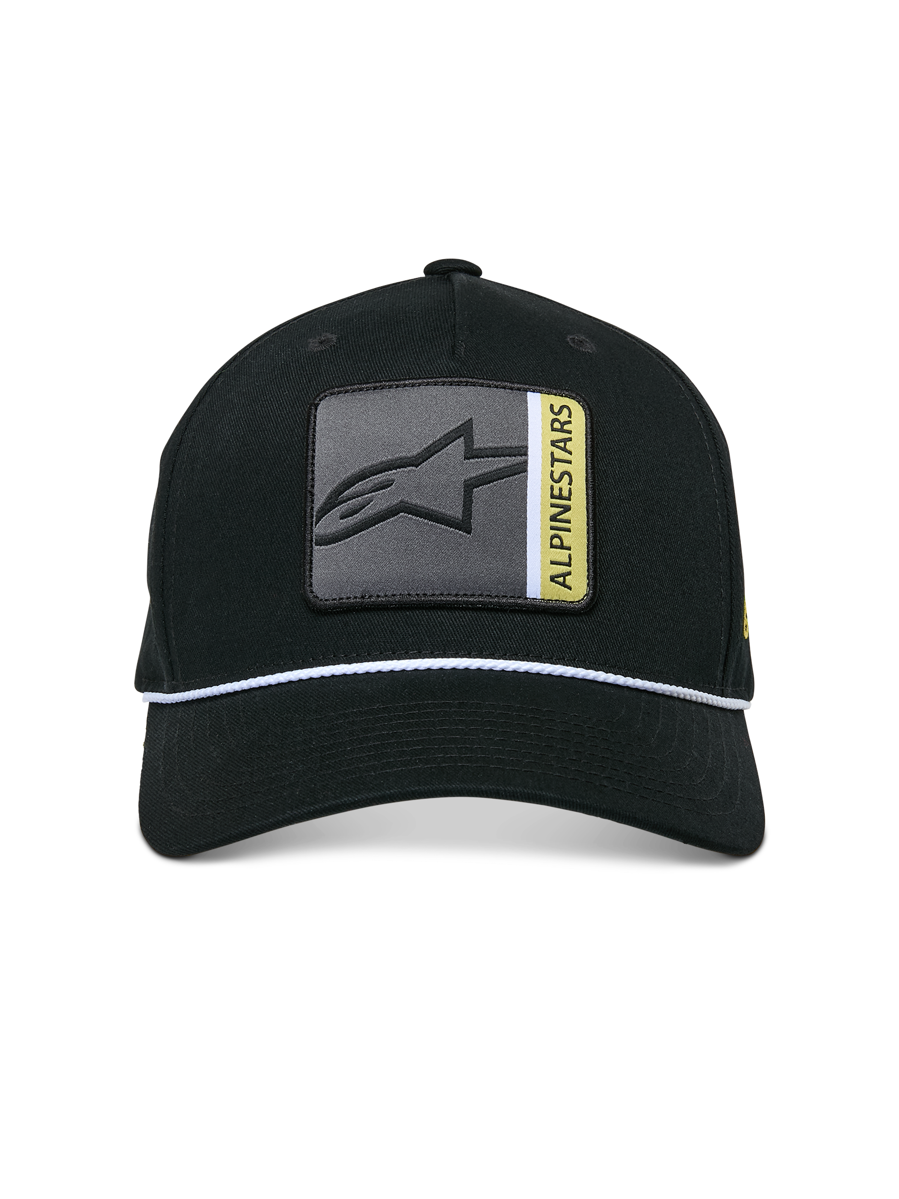 Alpinestars Specific Snapback Mütze, Schwarz, vorderes mehrfarbiges Astars-Logo-Patch mit grauen und gelben Details, weißer geflochtener Seilbesatz, gebogener Schirm, strukturierte Krone, lässige Streetwear