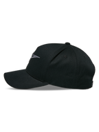 Alpinestars Ageless Snapback Hat, side profile, Black Charcoal, curved bill with structured crown, 3D embroidered logo on front, cotton twill main fabric, casual motorsport headwear