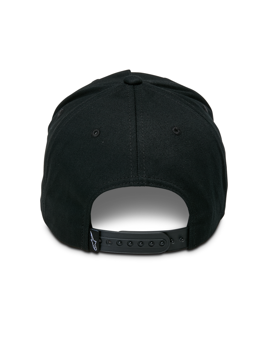 Alpinestars Ageless Snapback Hat, Black, rear view featuring adjustable snapback closure, small woven label with star logo, structured crown in cotton twill, casual motorsport-inspired headwear