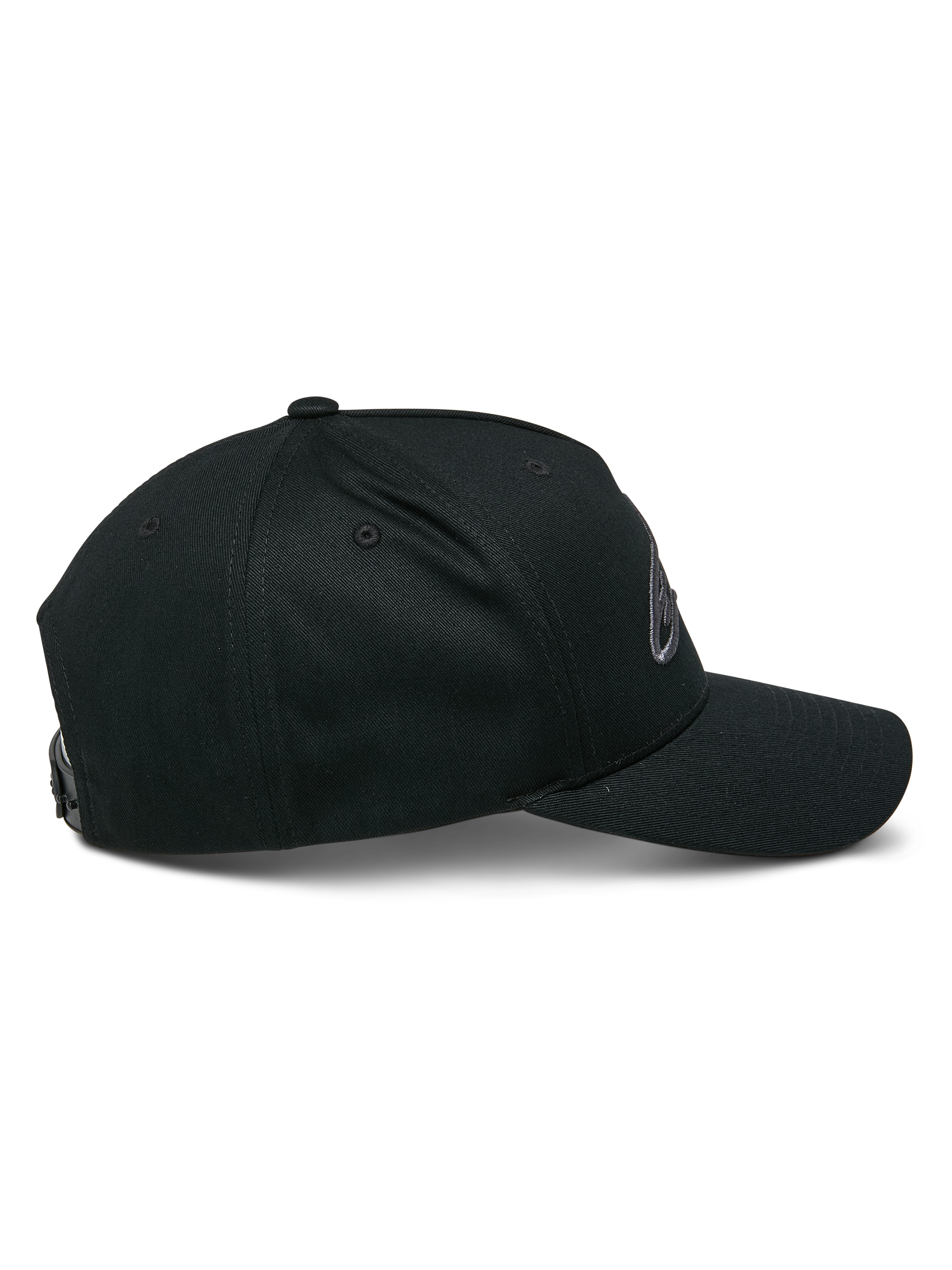 Alpinestars Ageless Snapback Hat, Black Charcoal, side profile view, structured crown with a curved bill, adjustable snapback, casual motorsport-inspired headwear