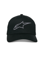 Alpinestars Ageless Snapback Hat, Black Charcoal, curved bill, structured crown, 3D embroidered linear logo, casual motorsport-inspired headwear