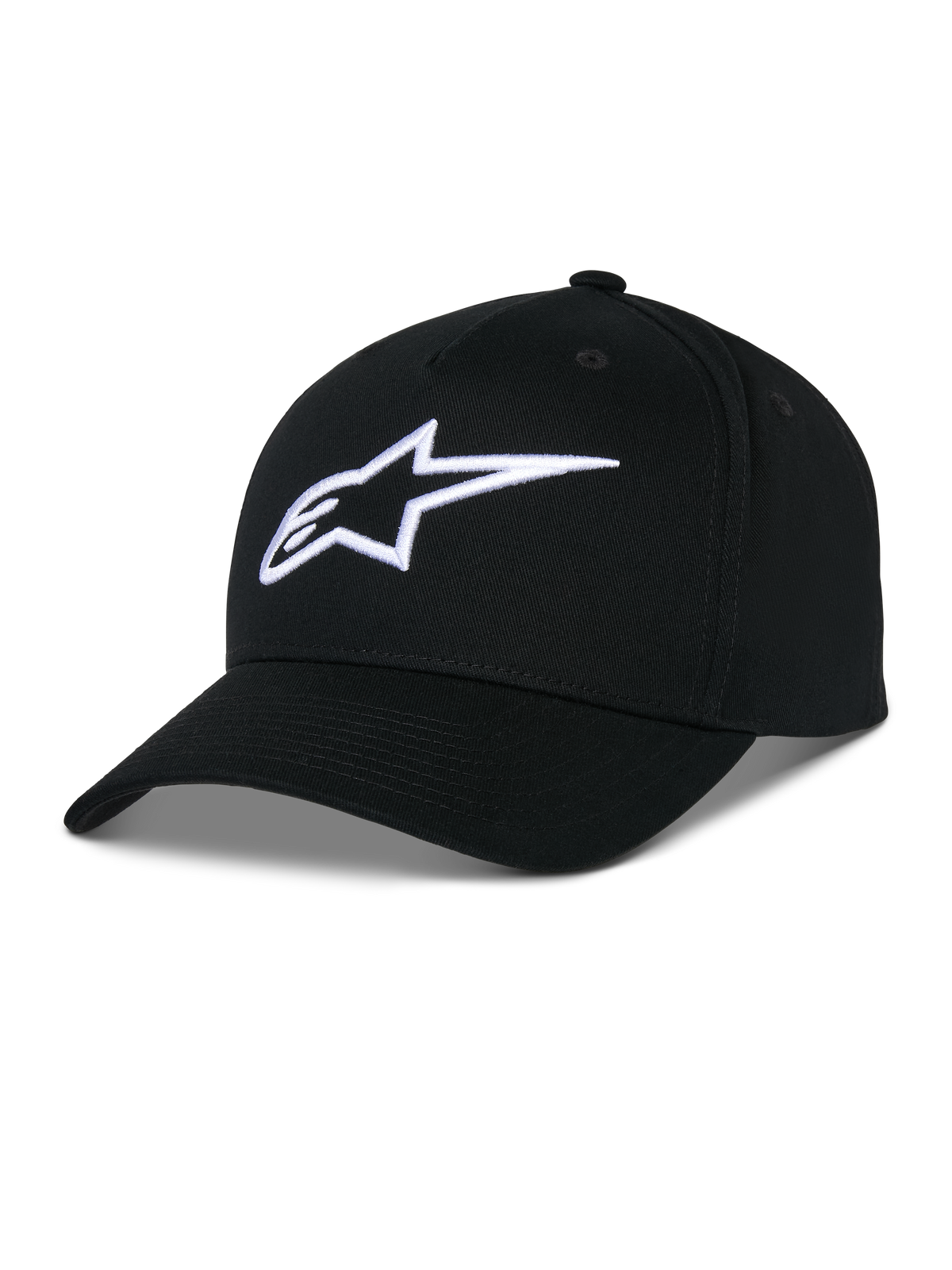 Alpinestars Ageless Snapback Kappe, schwarze Kappe aus Baumwolltwill, strukturierte Krone mit gebogenem Schirm, weißes 3D-besticktes Stern-Logo, lässige Motorsport-Sportbekleidung